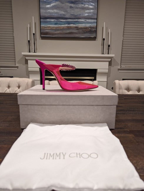 JIMMY CHOO Fuchsia Bing 100 Neon Pvc and Crystal-embellished Satin Mules/Slides - 4