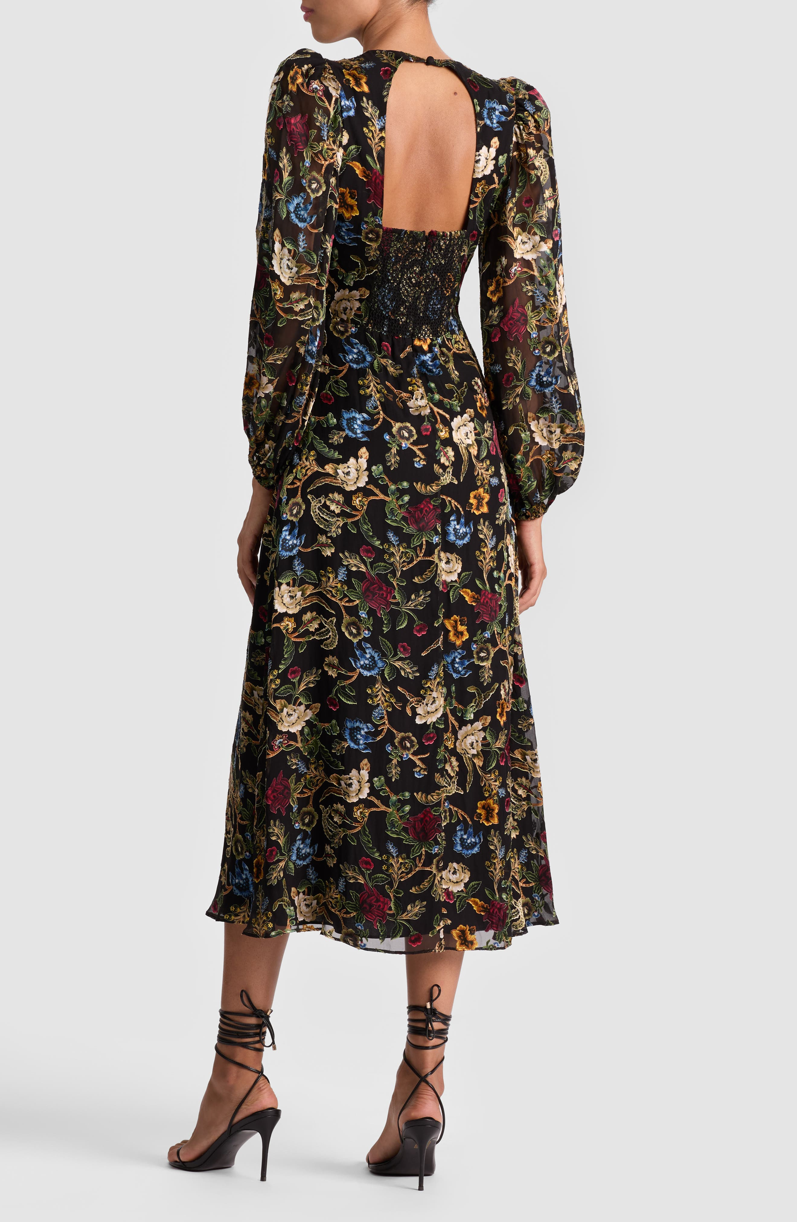 Alice + Olivia Mona Floral Burnout Long Sleeve Midi Dress in Tapestry Trails Sm Black at Nordstrom - 2