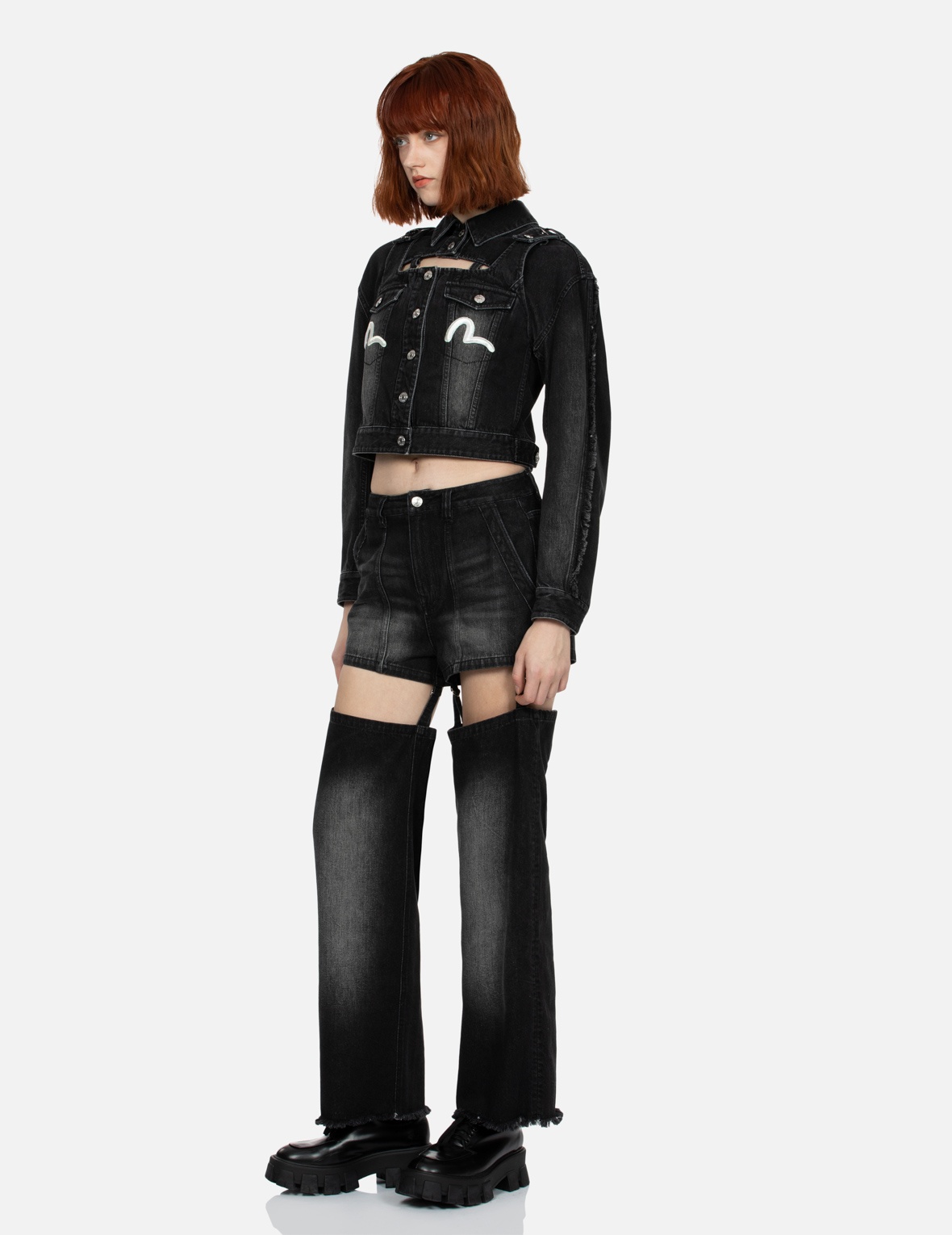 SEAGULL EMBROIDERY DETACHABLE CUTOUT FASHION FIT JEANS - 4
