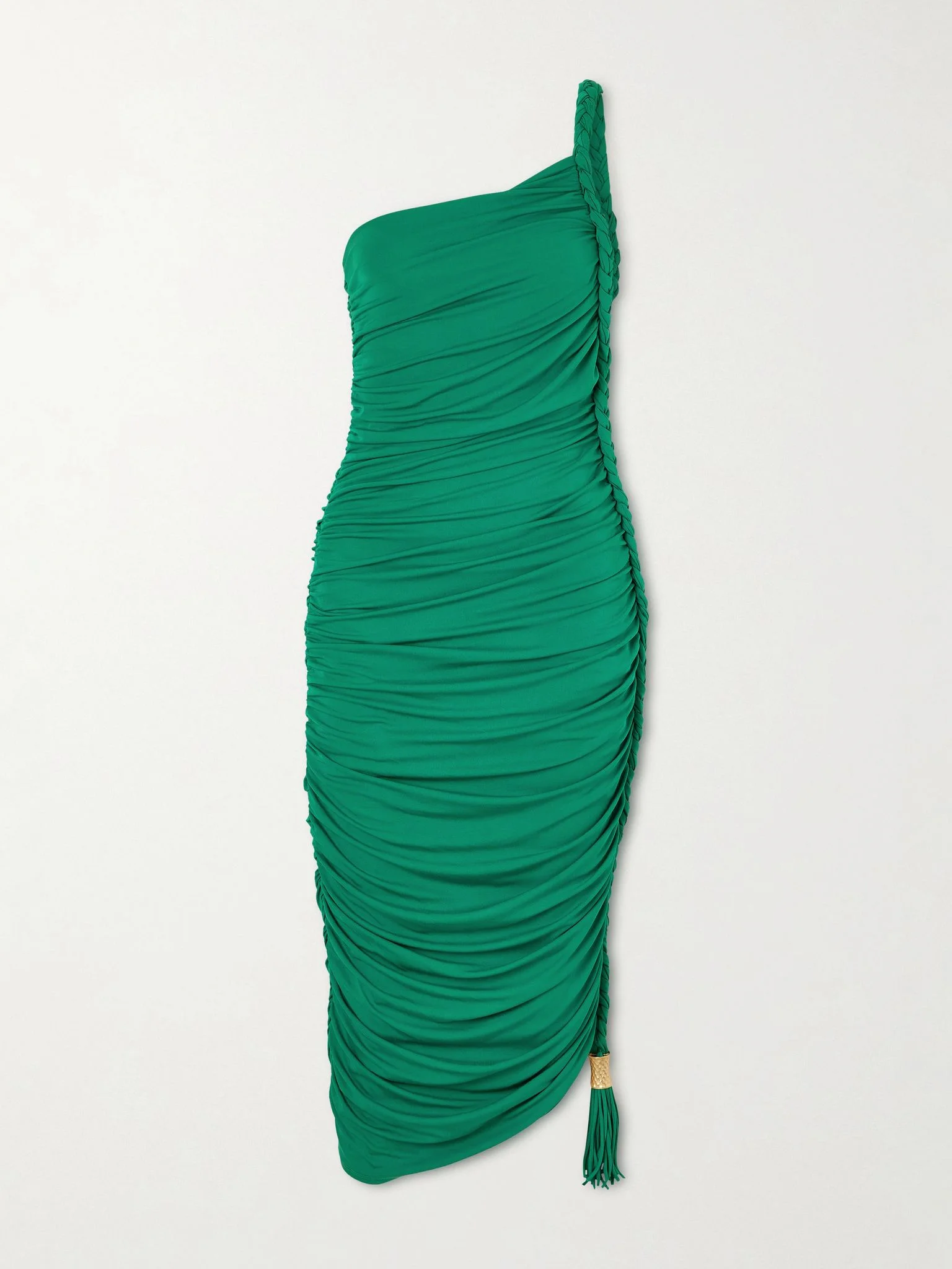 Alessia one-shoulder asymmetric tasseled ruched stretch-jersey midi dress Green - 1