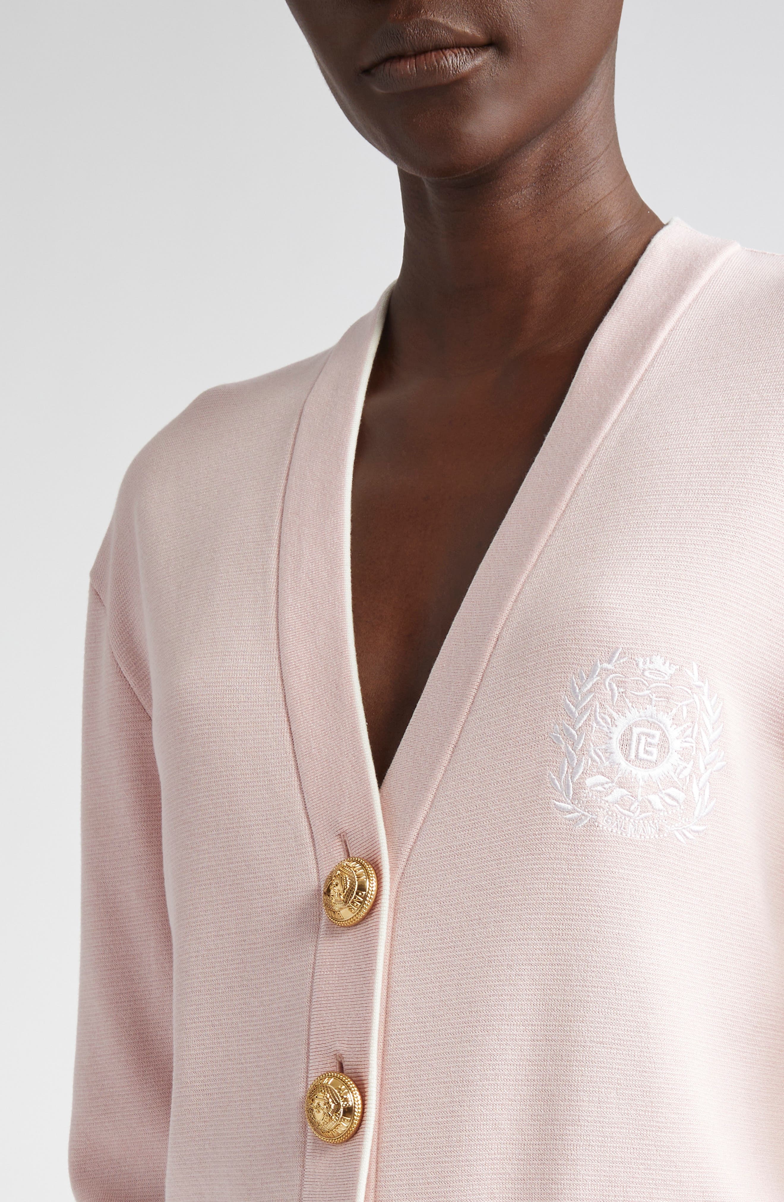 Balmain Logo Emblem Silk & Cotton Cardigan in Oin Pale Pink/White at Nordstrom - 5