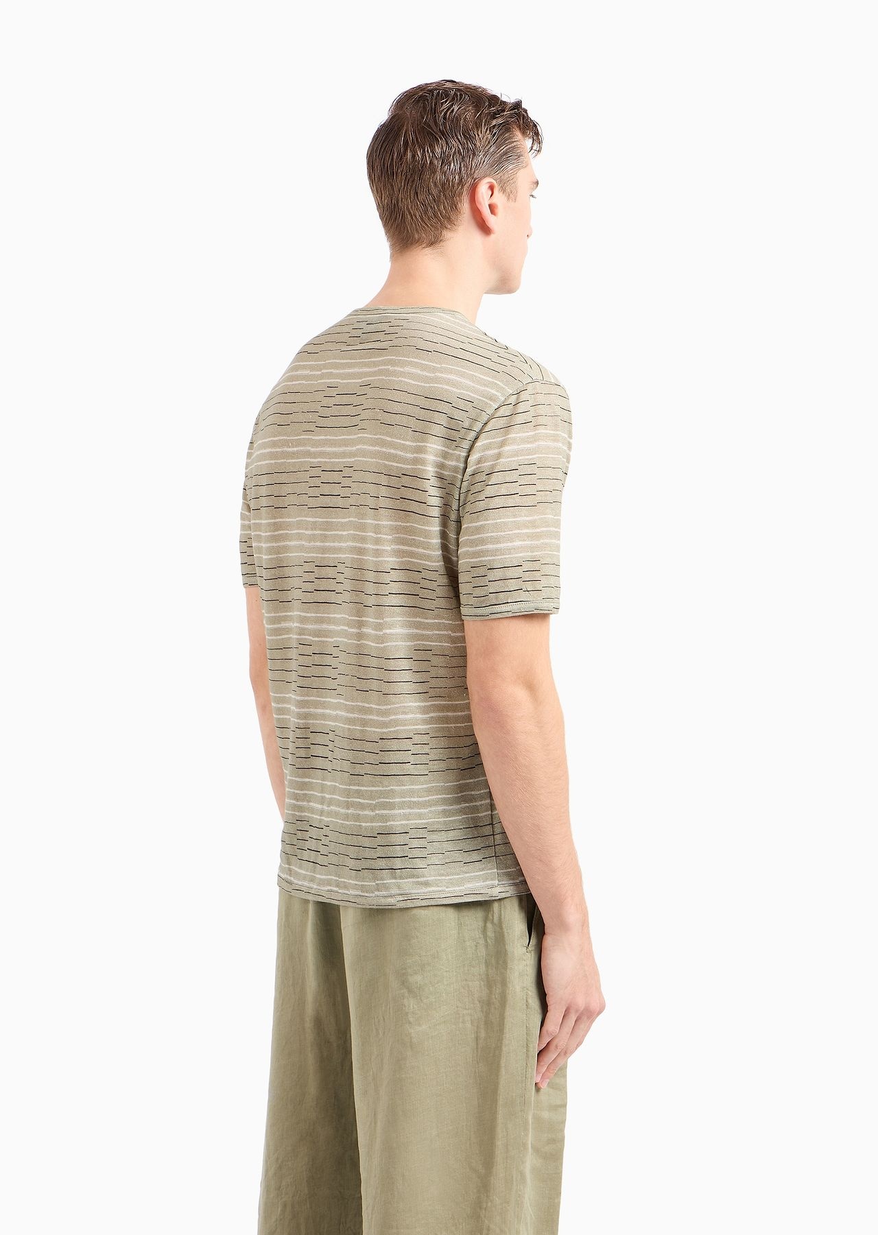 Irregular striped print linen crew-neck T-shirt - 3