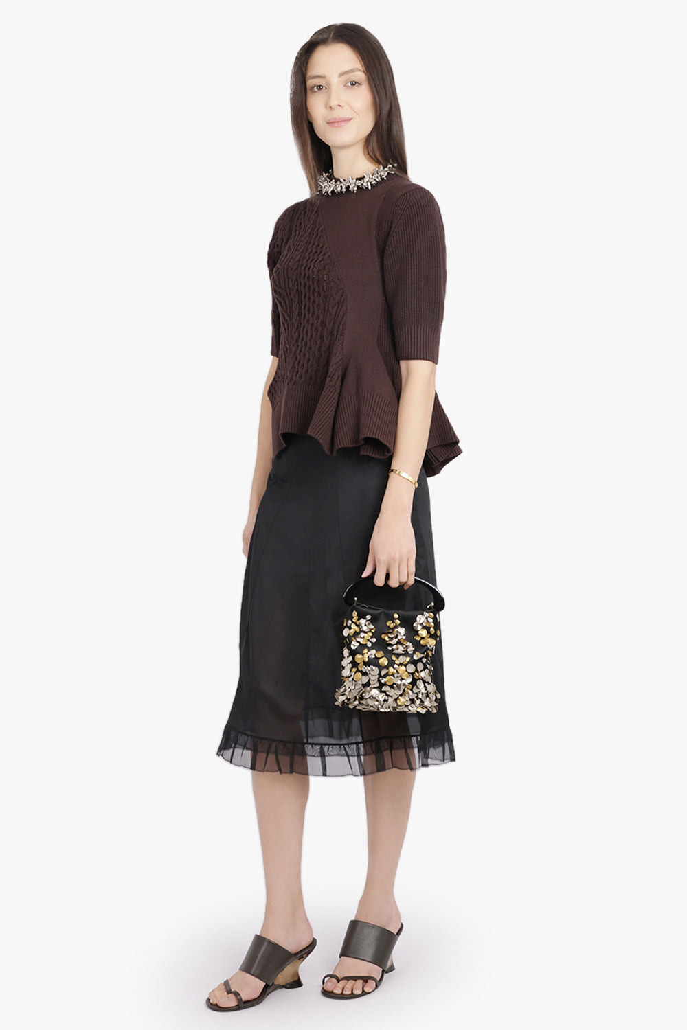 3/4 SLEEVE CHAIN KNIT WITH ASYMMETRIC HEM DETAIL | BROWN - 8