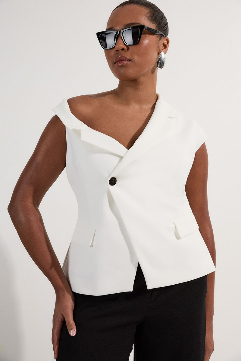 Plus Size Clean Tailored Asymmetric Collar Belted Tailored Top 1