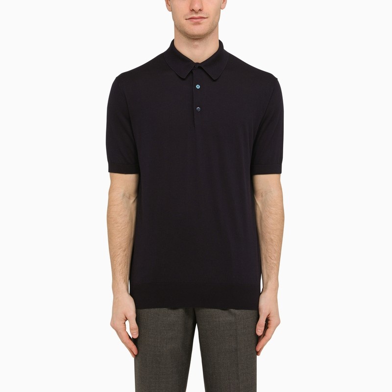 Navy blue cotton short-sleeved polo shirt - 1