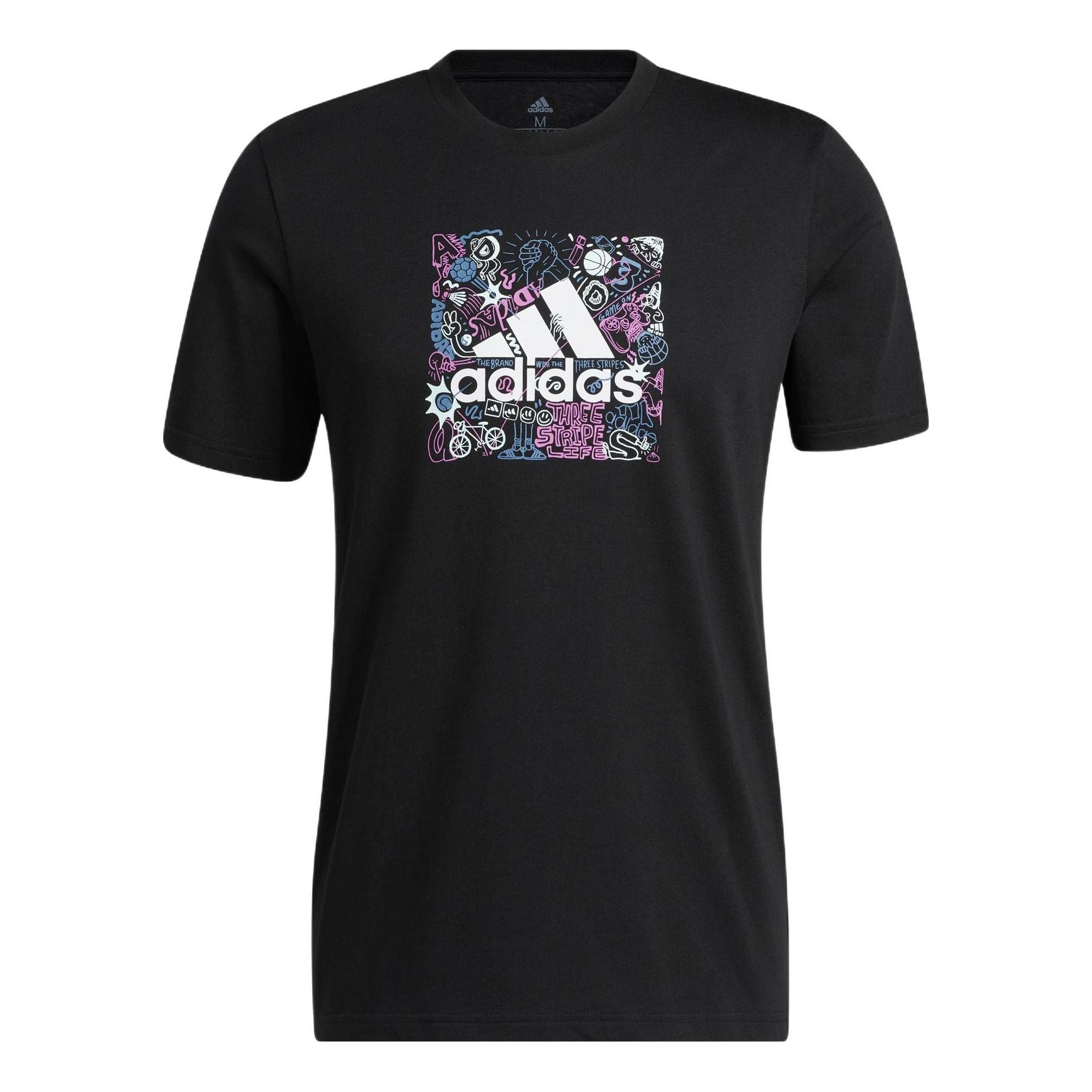 Men's adidas Cartoon Graffiti Alphabet Logo Pattern Printing Round Neck Short Sleeve Black T-Shirt I - 1