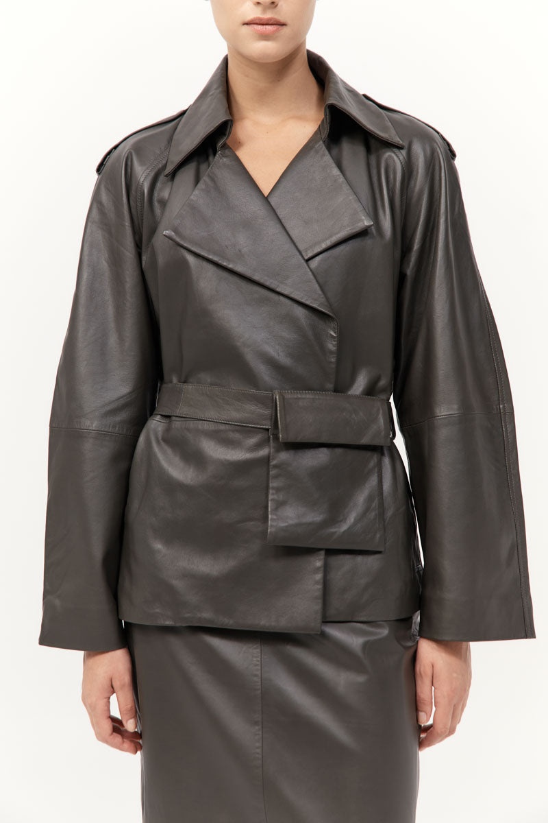 Cropped Leather Trench - Khaki - 4
