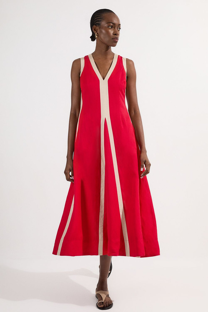 Contrast Linen Plunge Neck Woven Maxi Dress 1