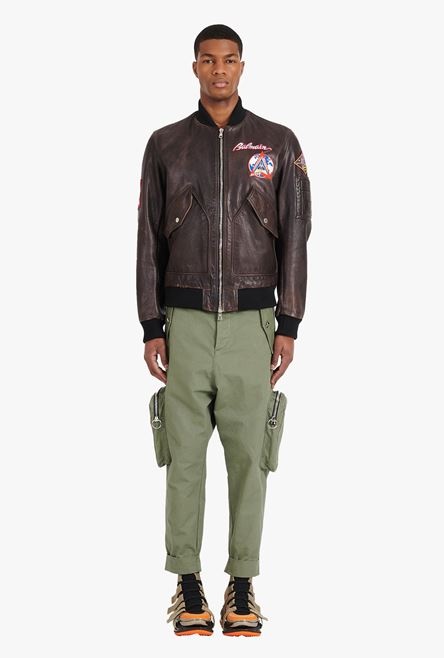 Brown leather teddy jacket with Balmain badges - 4