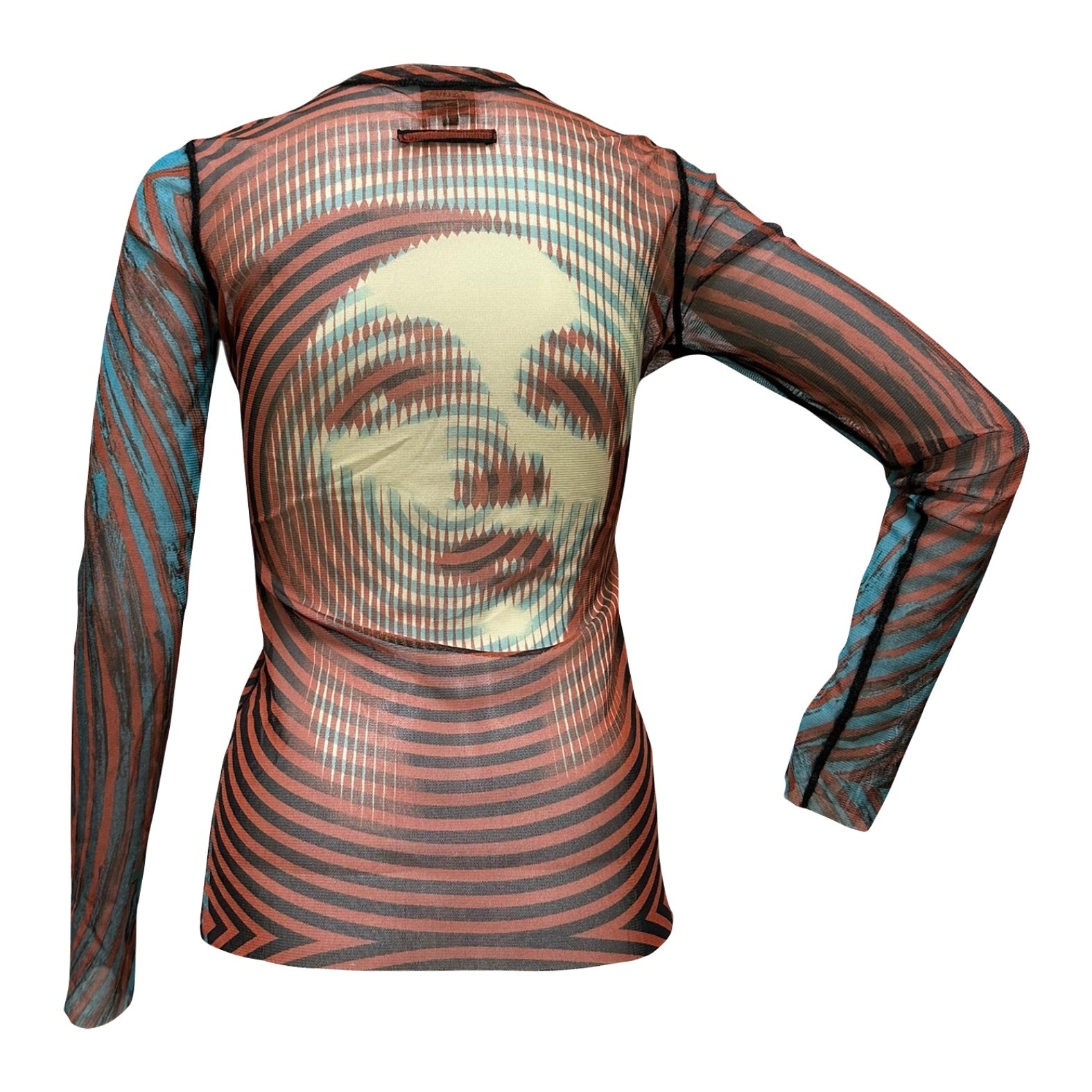 JEAN PAUL GAULTIER Fall Winter 2001 Marlene Dietrich Face Print Mesh Long Sleeve Top - 2