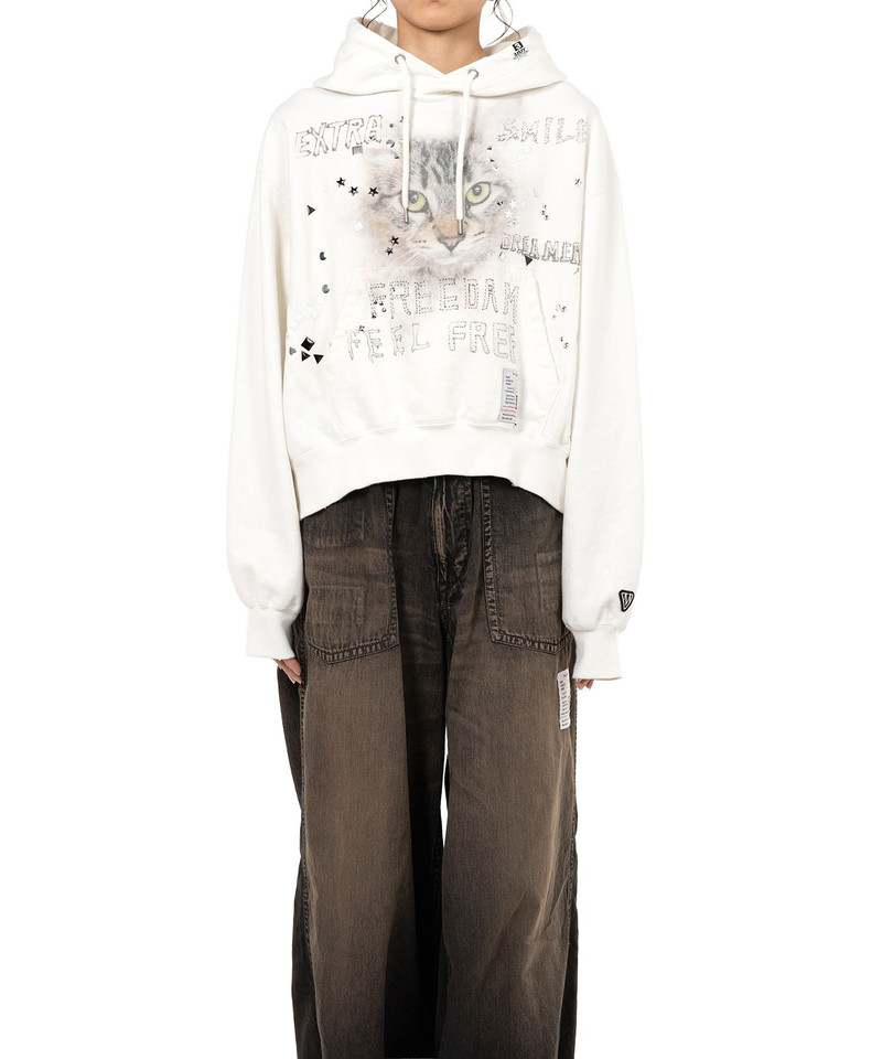 Cat Printed Embellished Distressed Hoodie 2