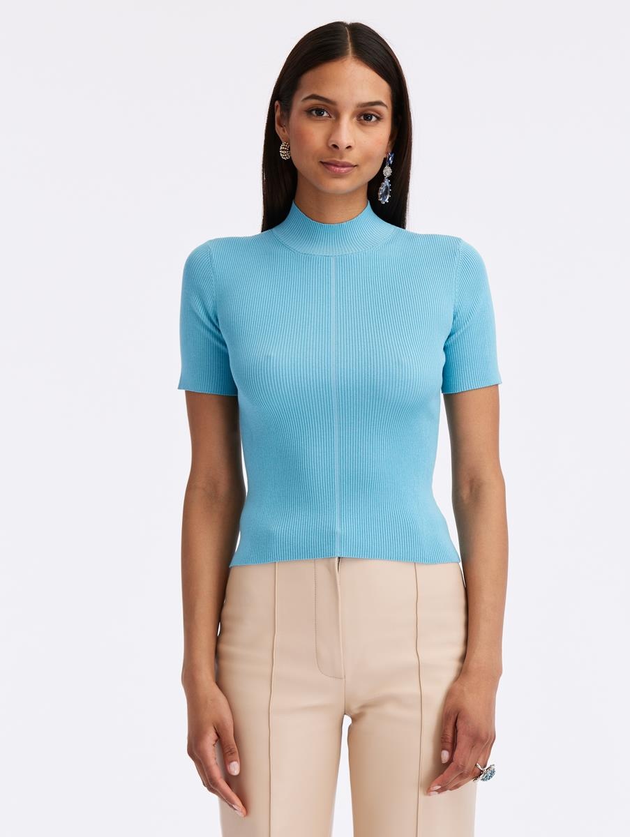 SHORT SLEEVE MOCK NECK RIBBED PULLOVER - 1