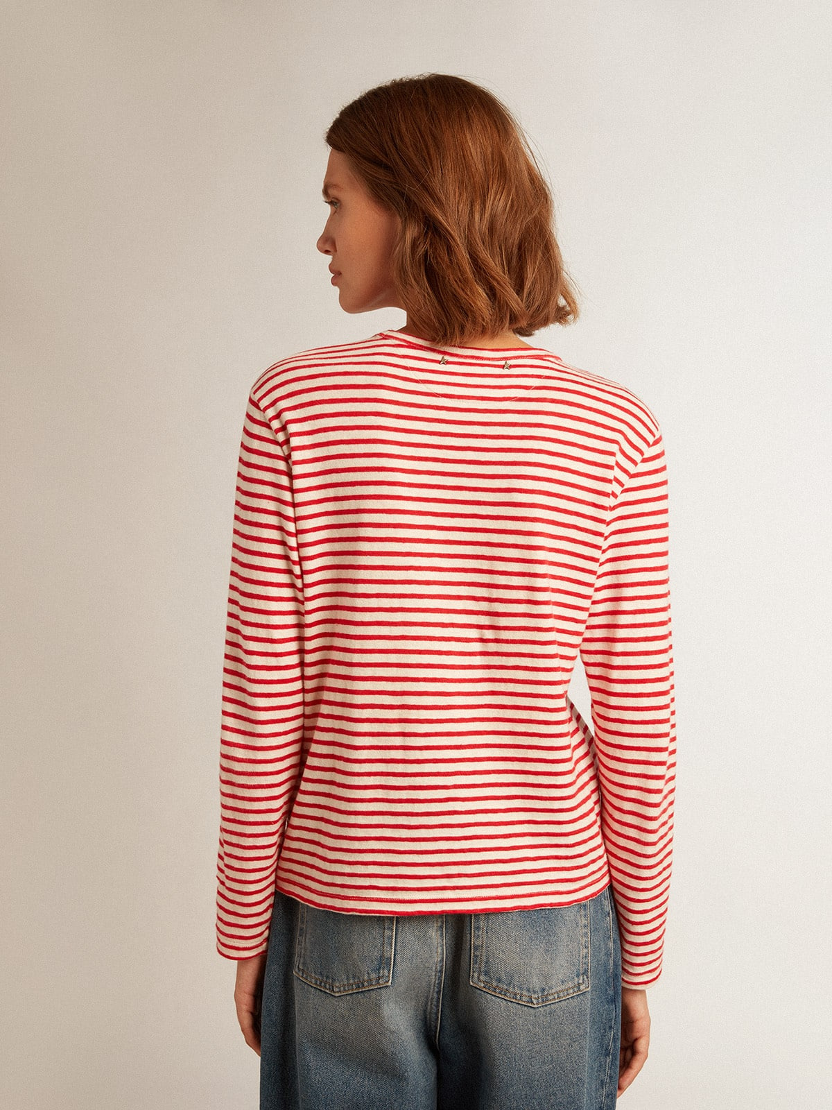 Women's T-shirt with white and red stripes and embroidery on the front - 4