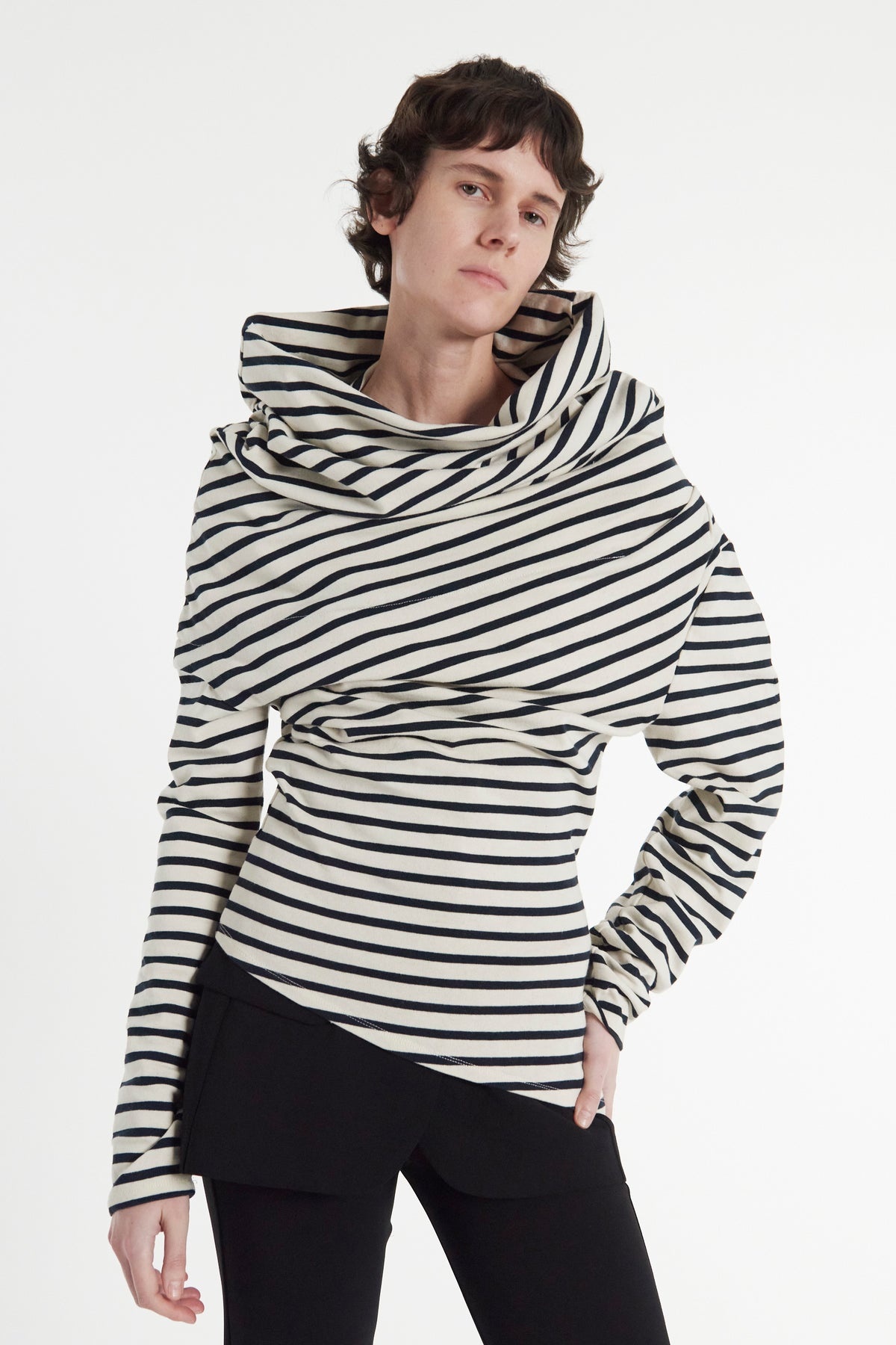 JERSEY COWL NECK DRAPED TOP STRIPE - 2