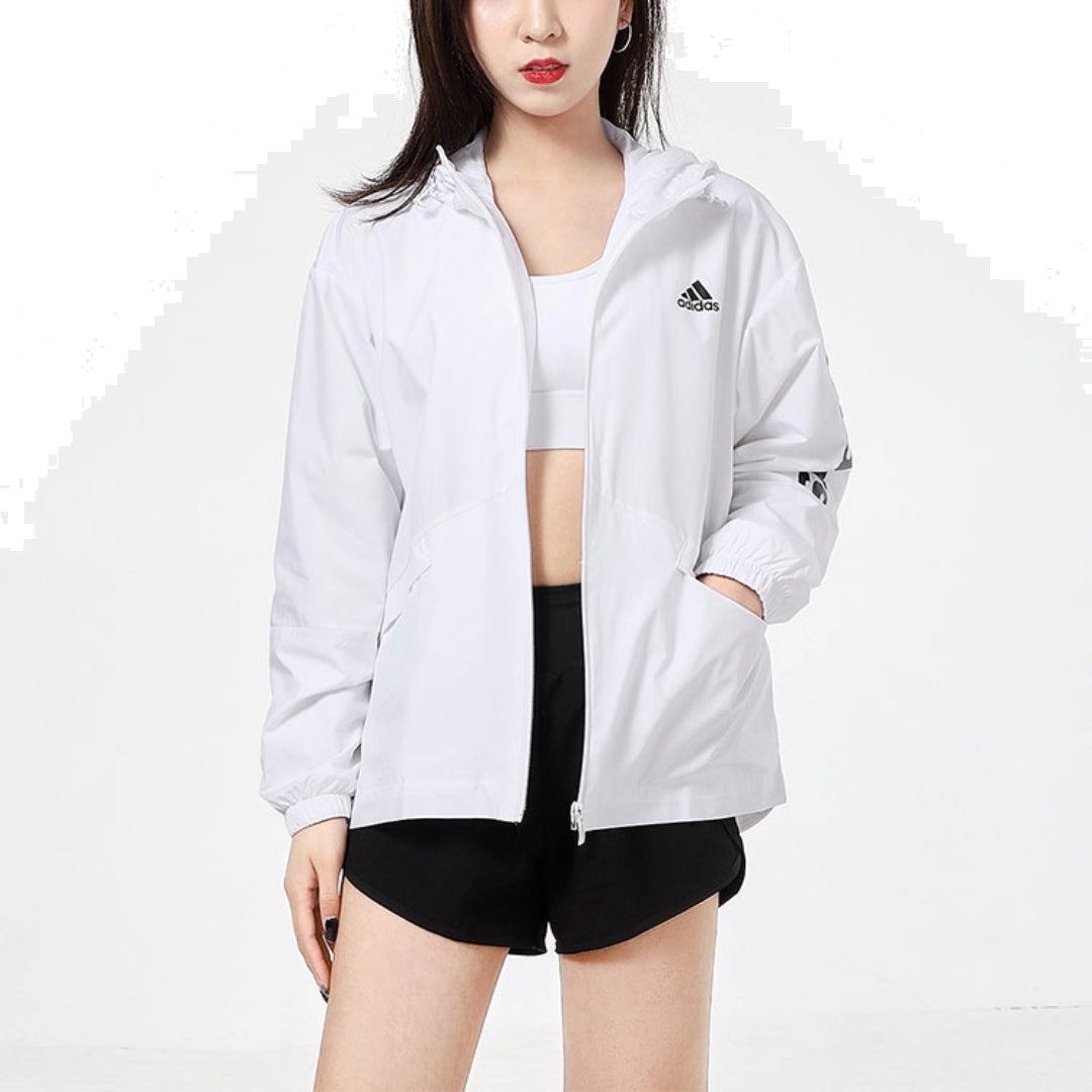 (WMNS) adidas Essentials Oversize Logo Windbreaker Asia Sizing 'White Black' GL0647 - 3