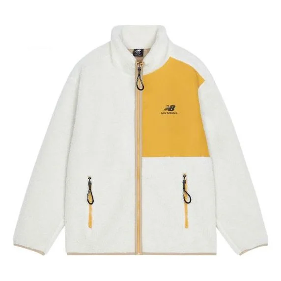 New Balance Contrasting Colors Knit Suede Sports Stand Collar Logo Lamb's Wool Jacket White AMJ13346 - 1