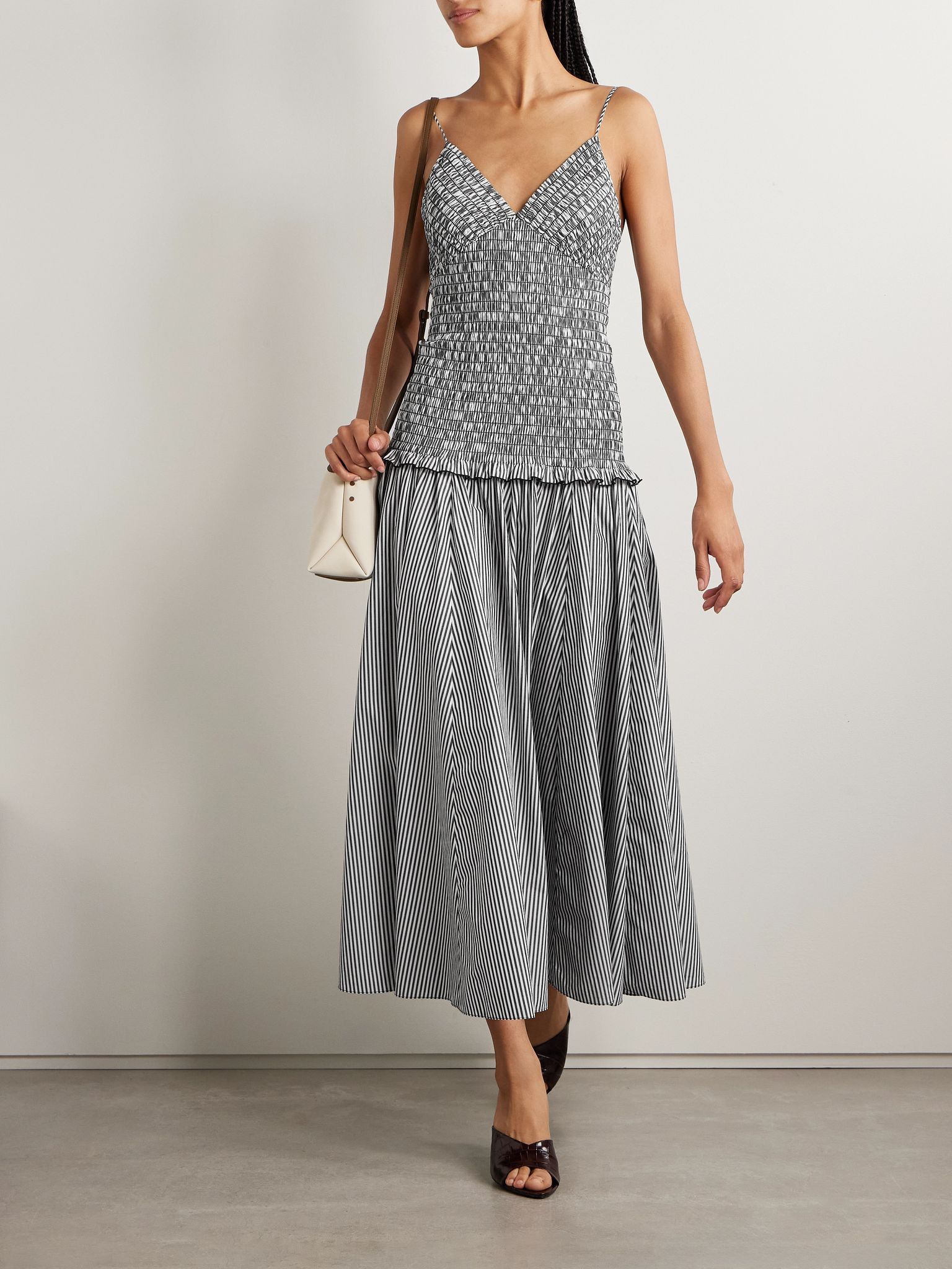 The Josie shirred striped cotton midi dress Gray - 2