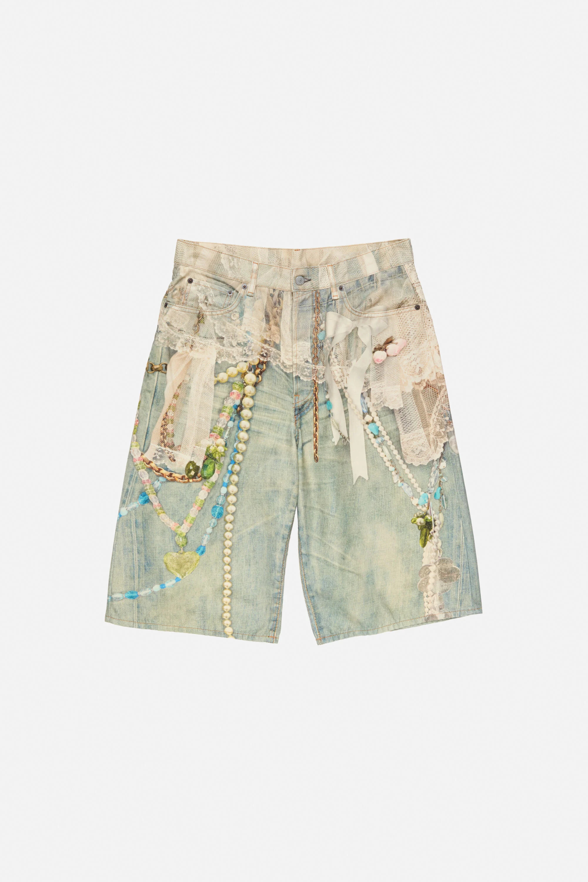 Denim shorts - loose fit - White/green - 6