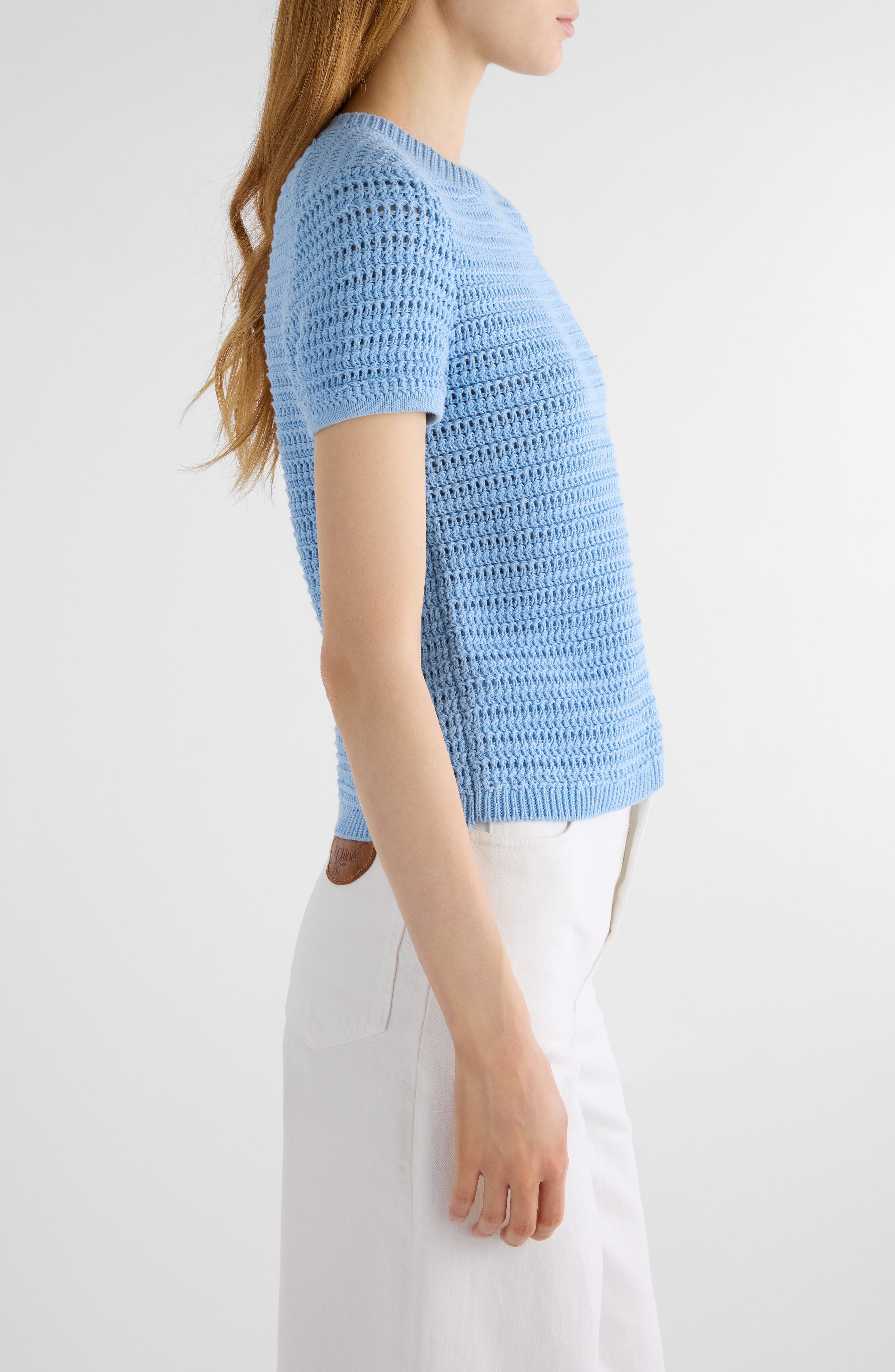 Chloé Open Knit Short Sleeve Organic Cotton Sweater in Softy Blue at Nordstrom - 3
