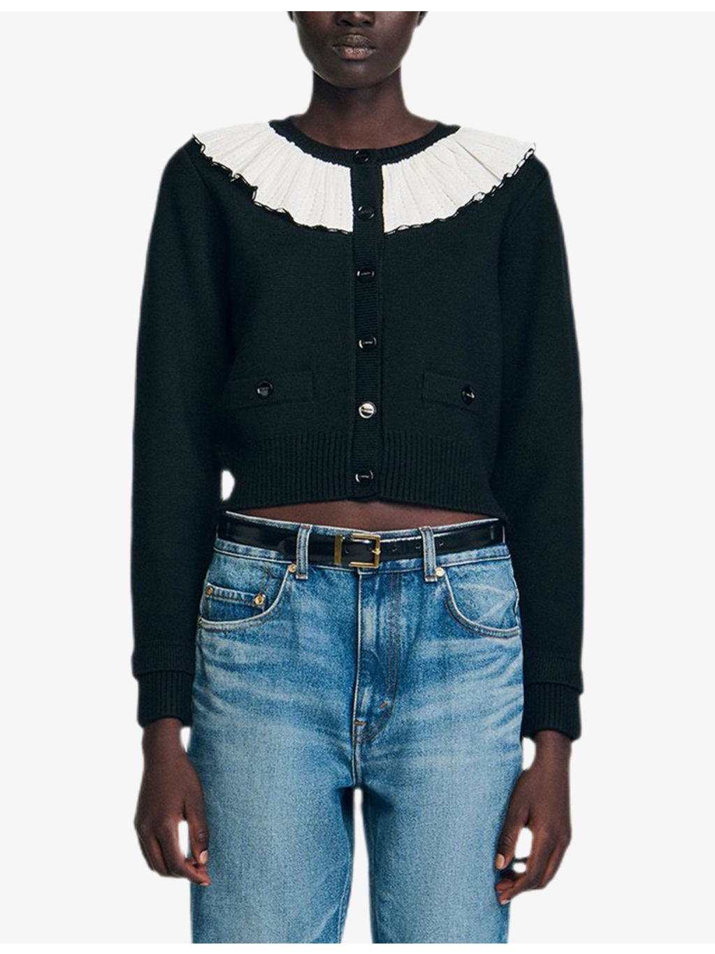 Contrast-Collar Button-Down Knitted Cardigan - 3