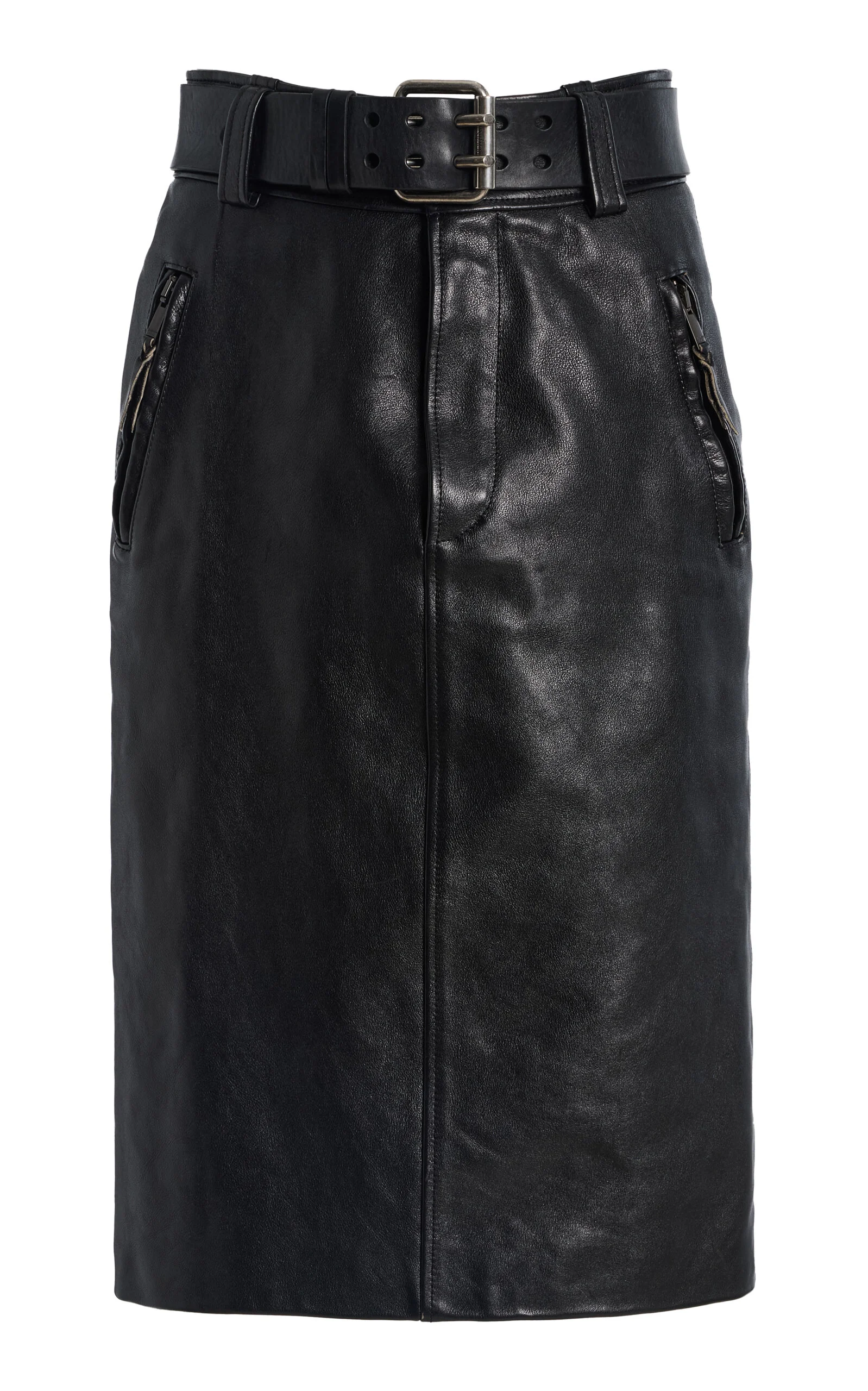 Belted High-Rise Leather Midi Skirt black - 1