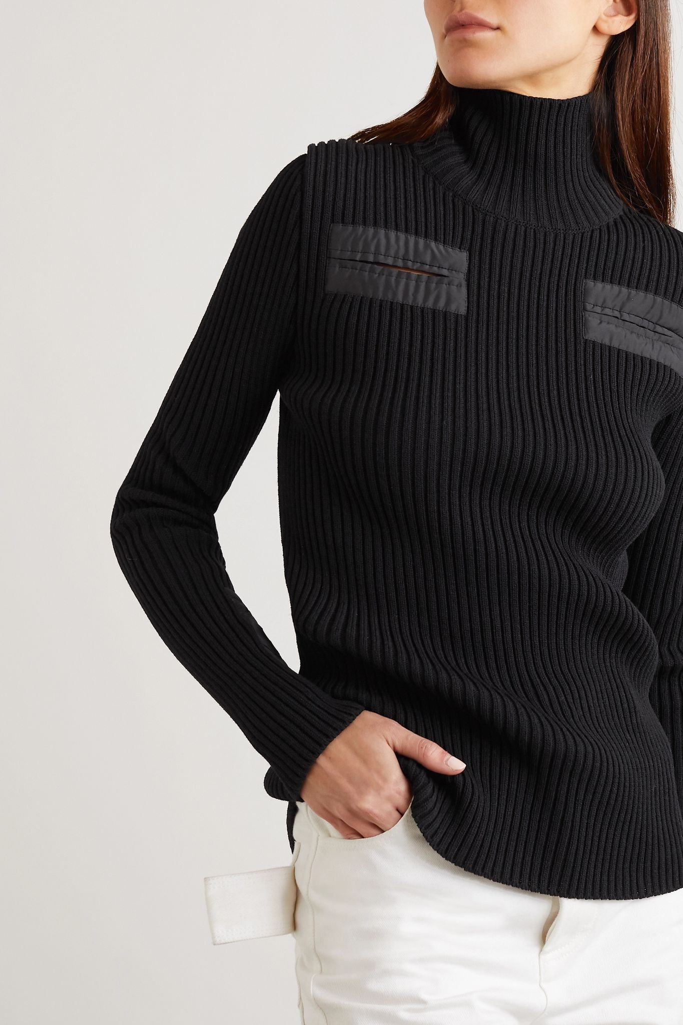 Cutout shell-trimmed ribbed wool-blend turtleneck sweater - 3