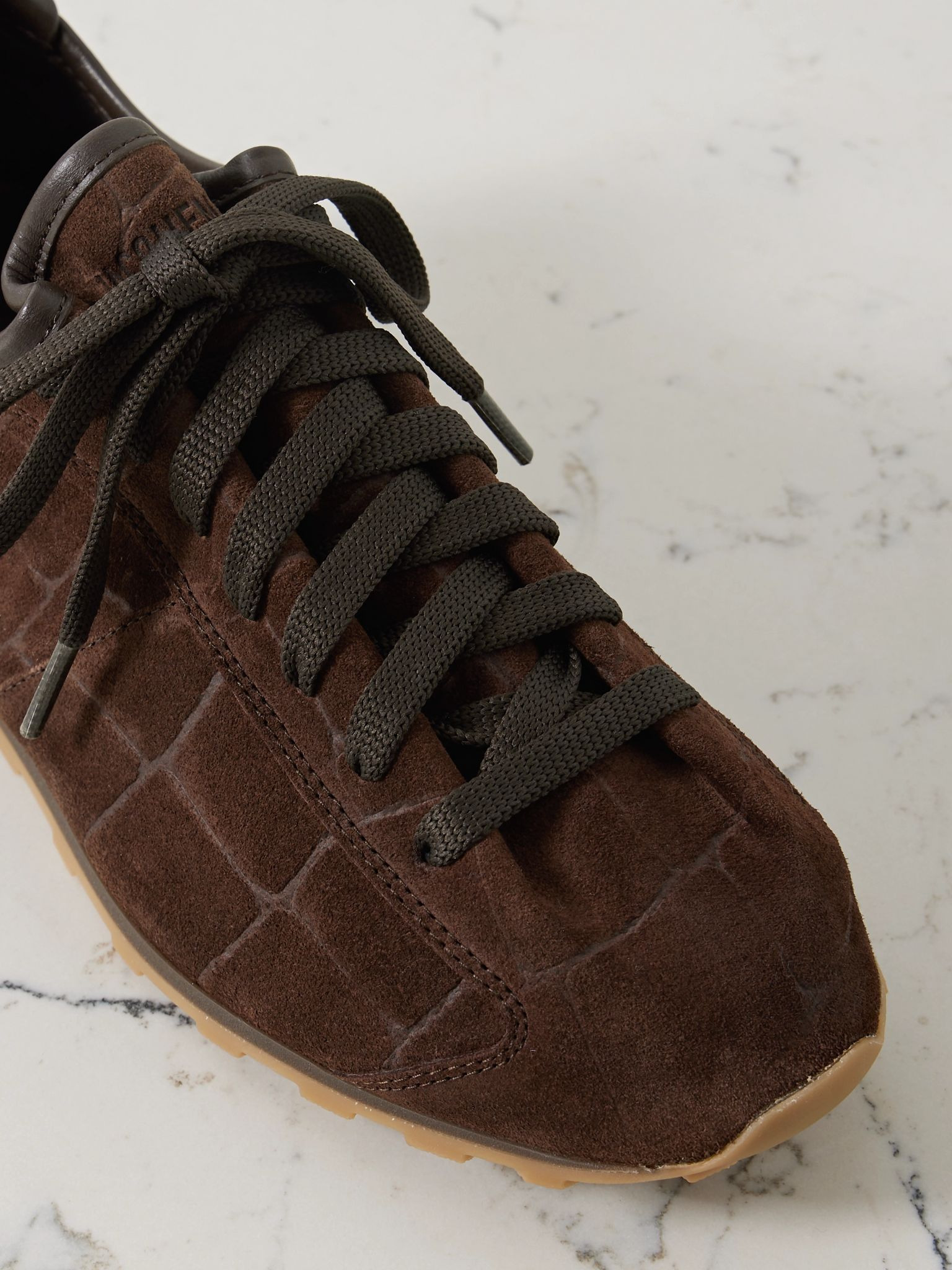 The Tennis leather-trimmed croc-effect suede sneakers Brown - 4