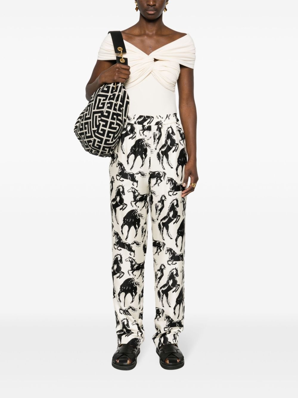 horse-print silk tapered trousers - 2