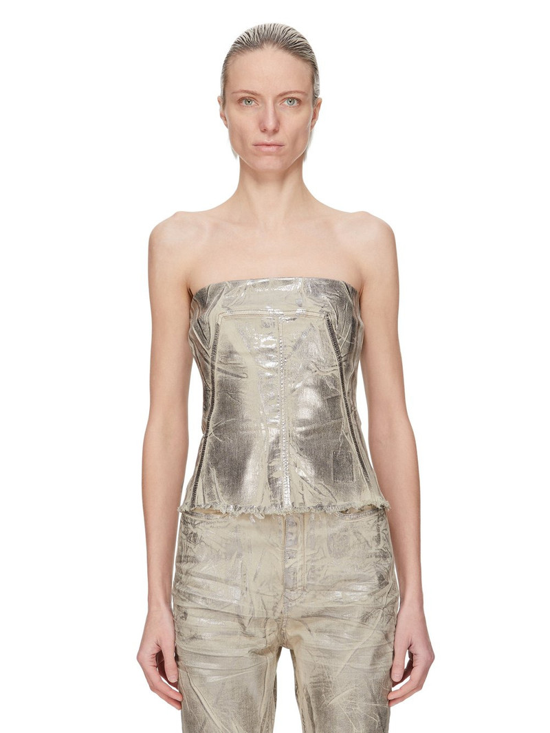 Strapless frayed metallic denim bustier top Metallic - 1