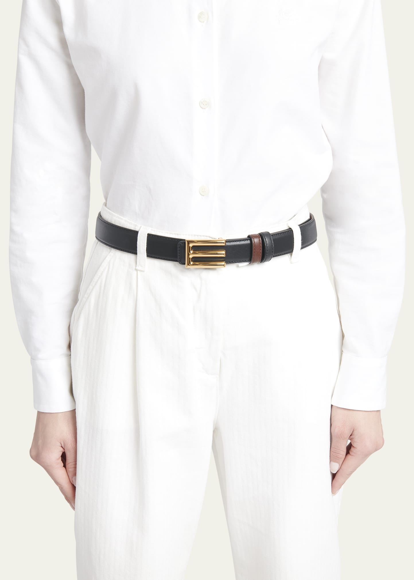 Etro E-Monogram Reversible Leather & Brass Belt