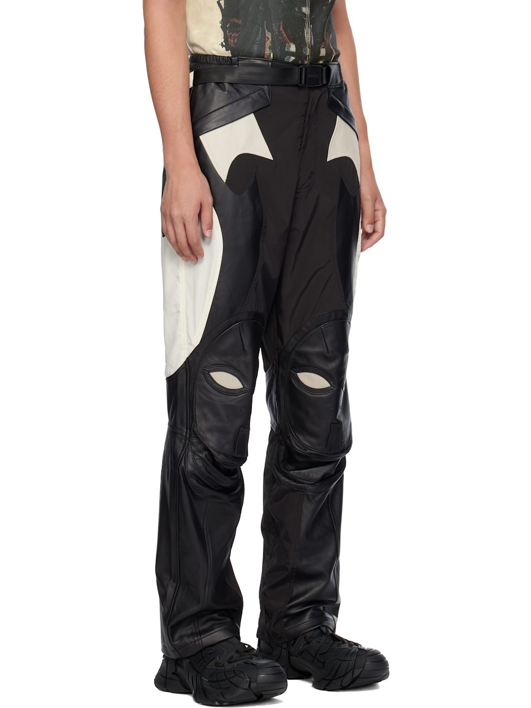 Black & Beige Rider Leather Pants - 2