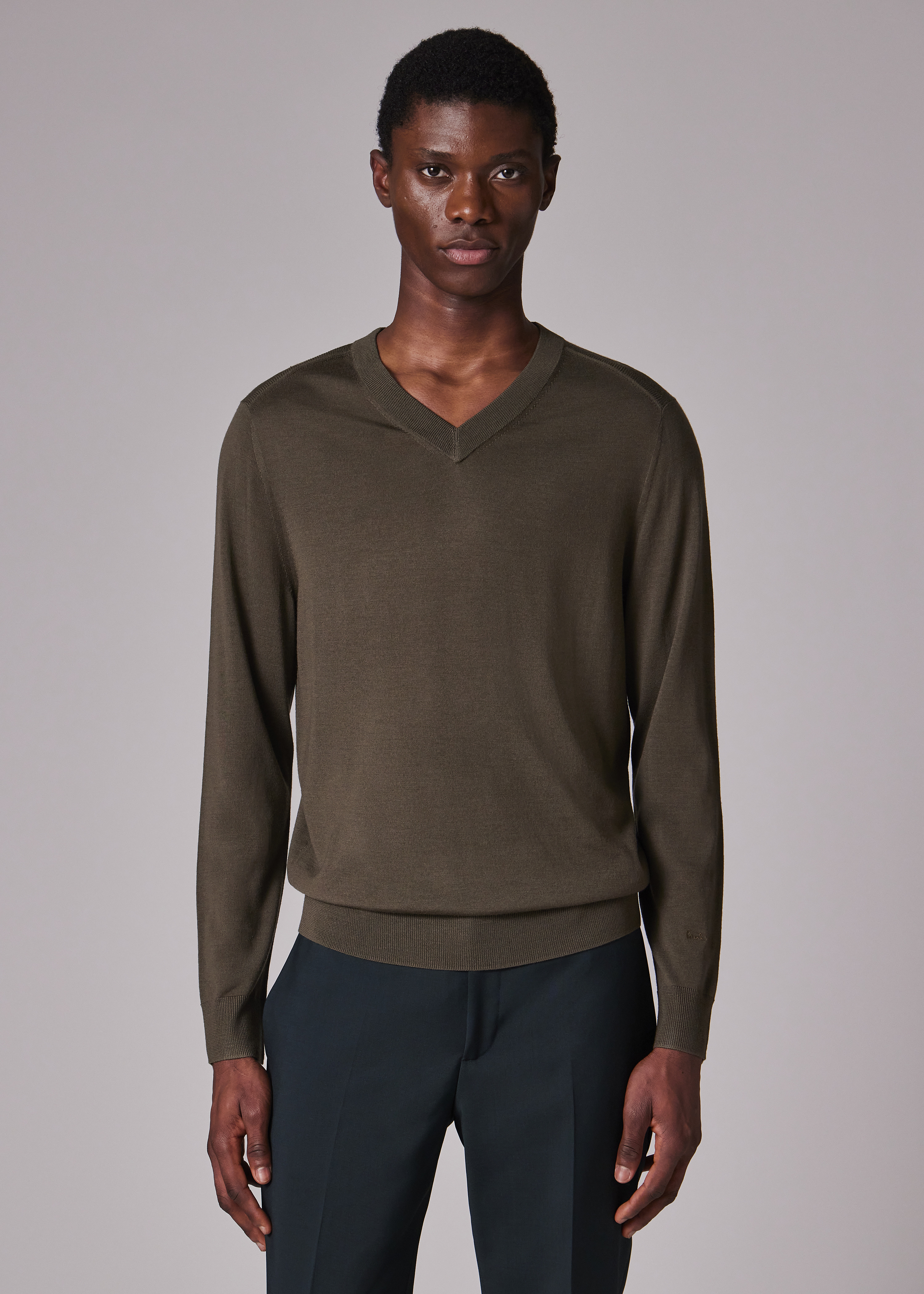Khaki Merino V-Neck Sweater - 5