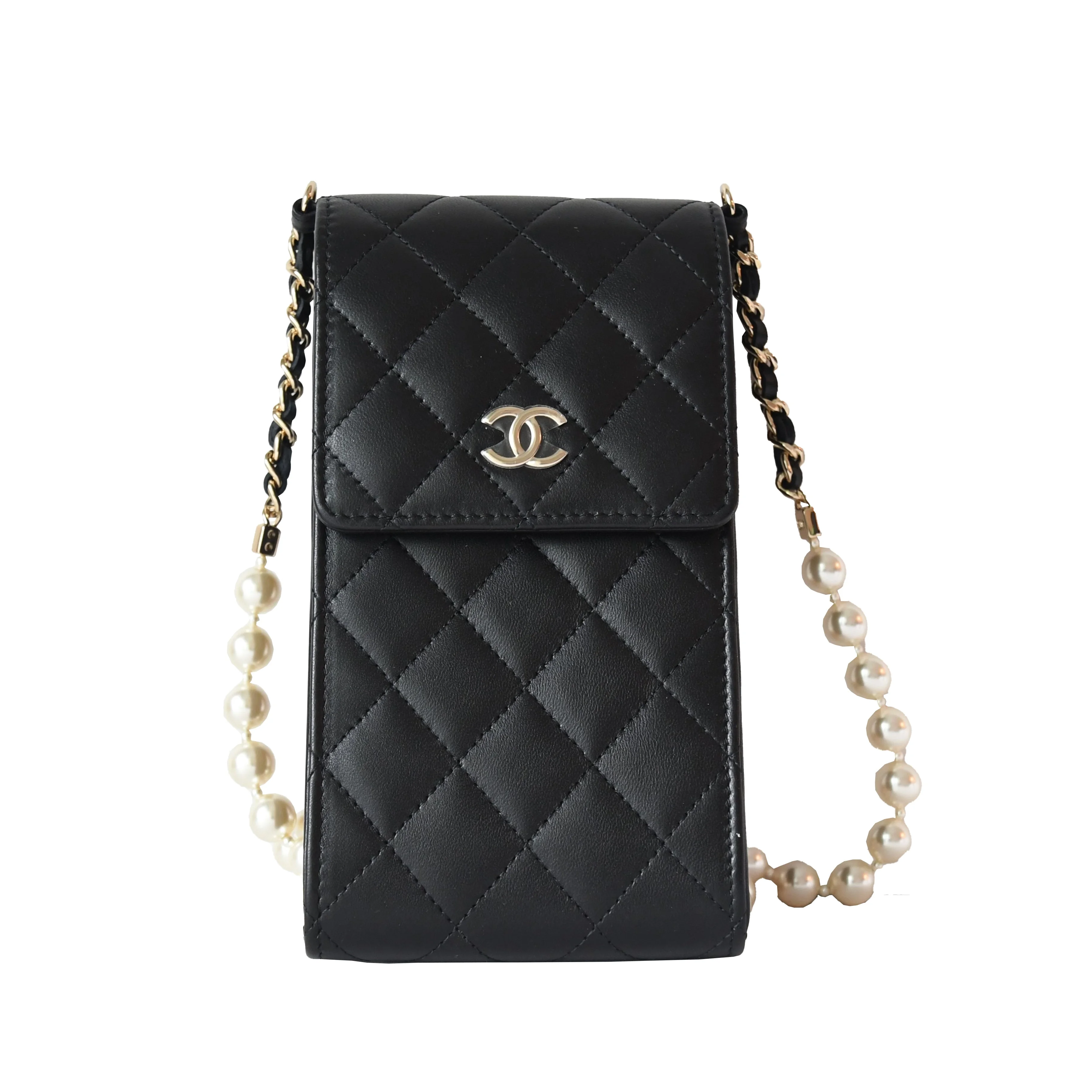 Chanel Pearl Matelasse Lambskin Quilted small Flap phone Bag Gold Hardware Black - 1