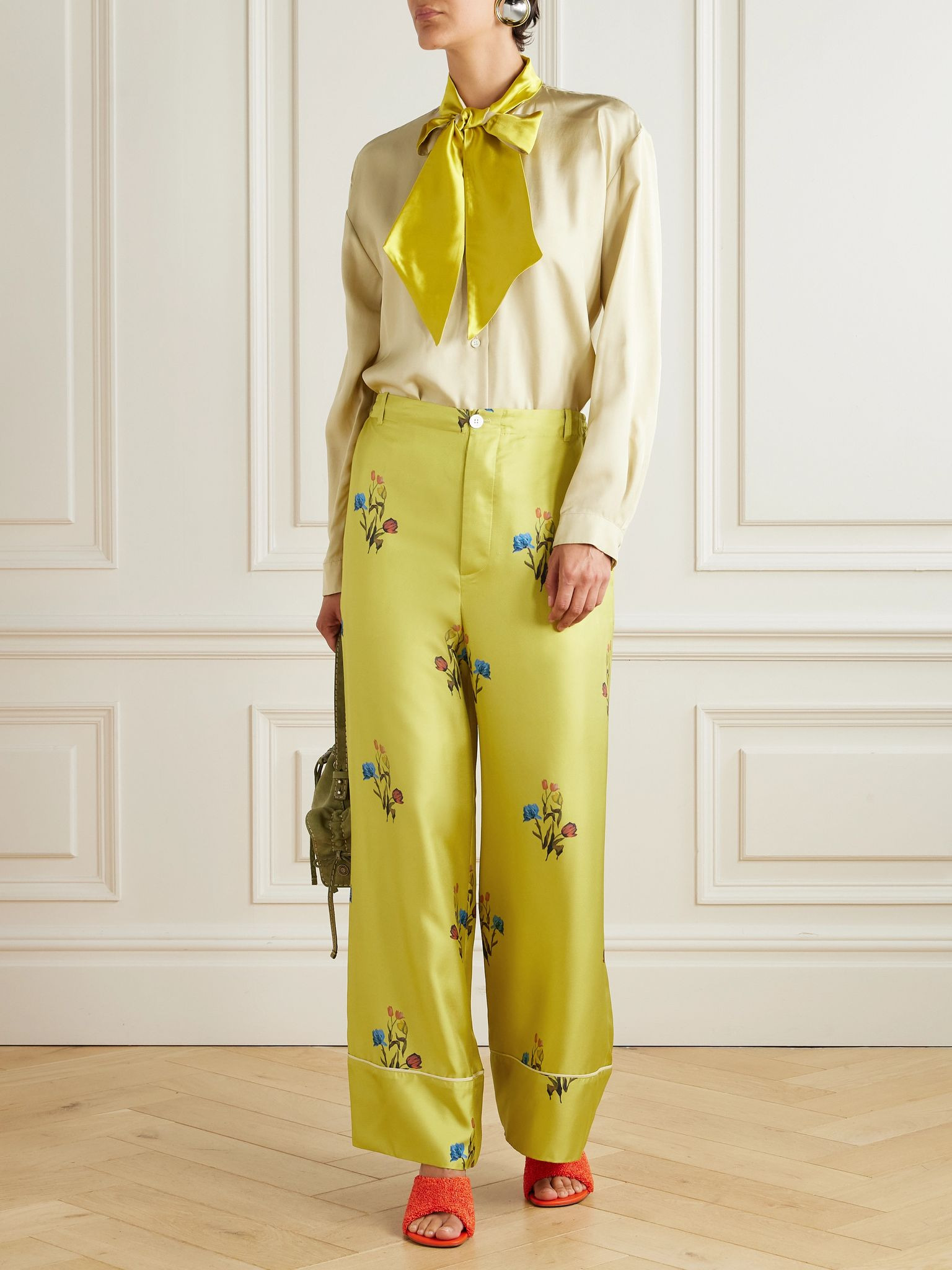 Floral-print silk-twill wide-leg pants Yellow - 2