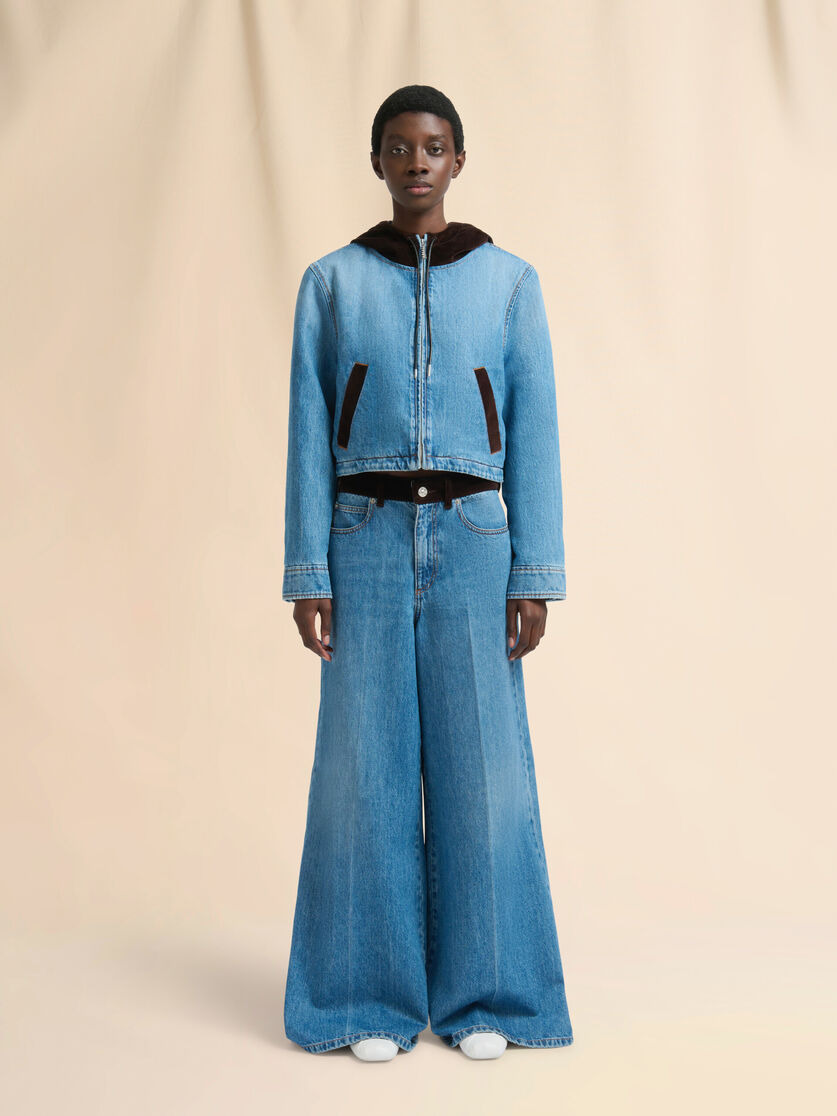 BLUE DENIM TROUSERS WITH VELVET WAISTBAND - 2