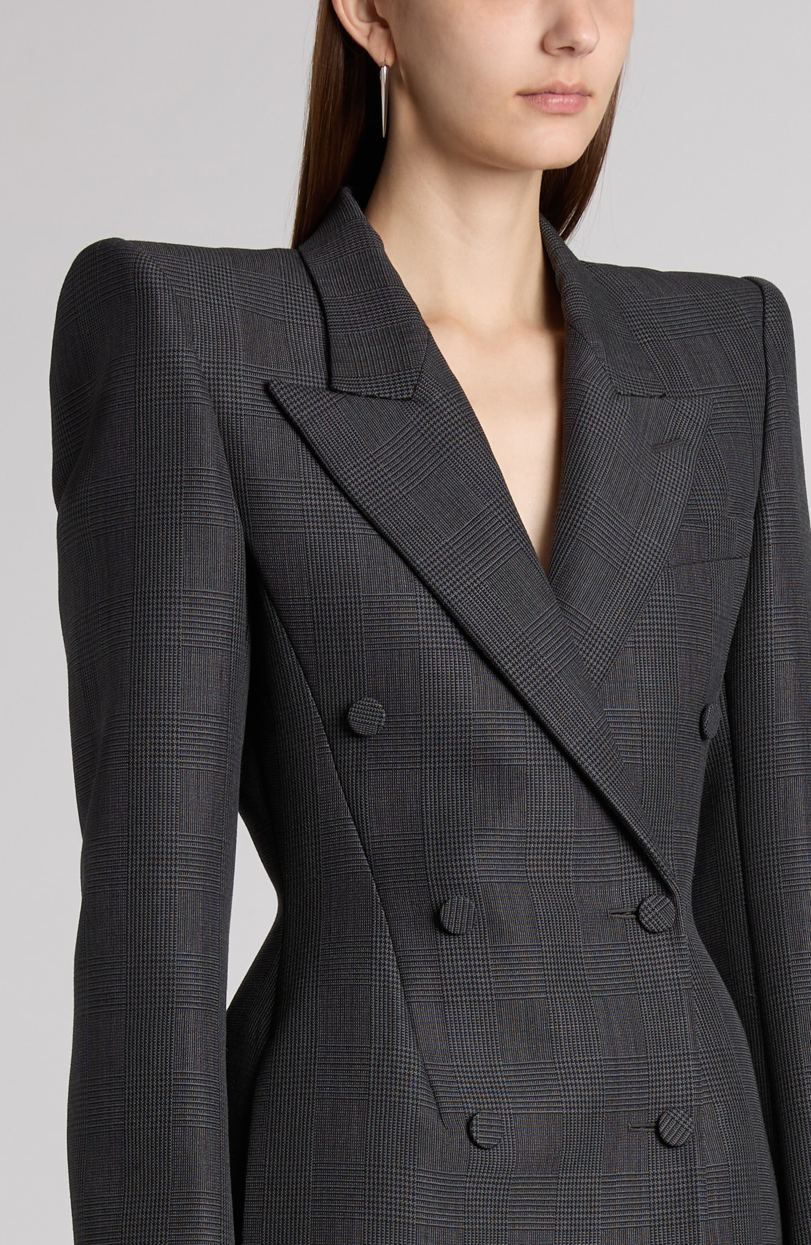McQueen Glen Plaid Stacked Shoulder Wool & Mohair Blazer in Black - 5