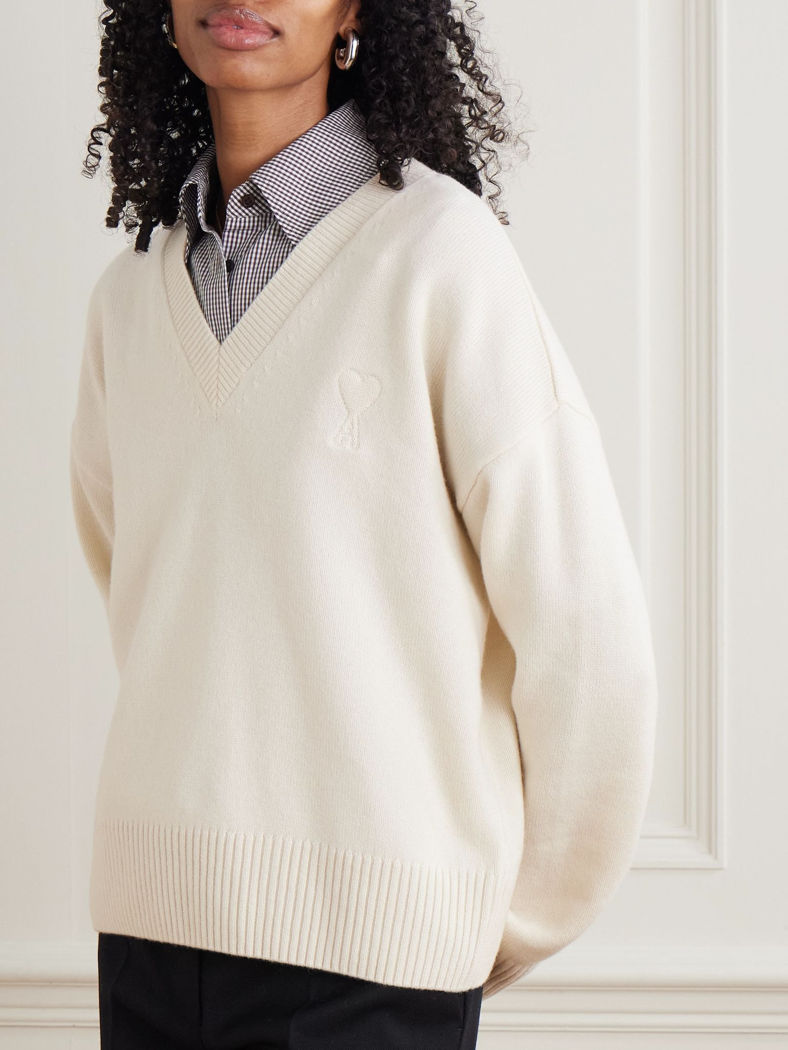 Oversized embroidered wool and cashmere-blend sweater Ivory - 3