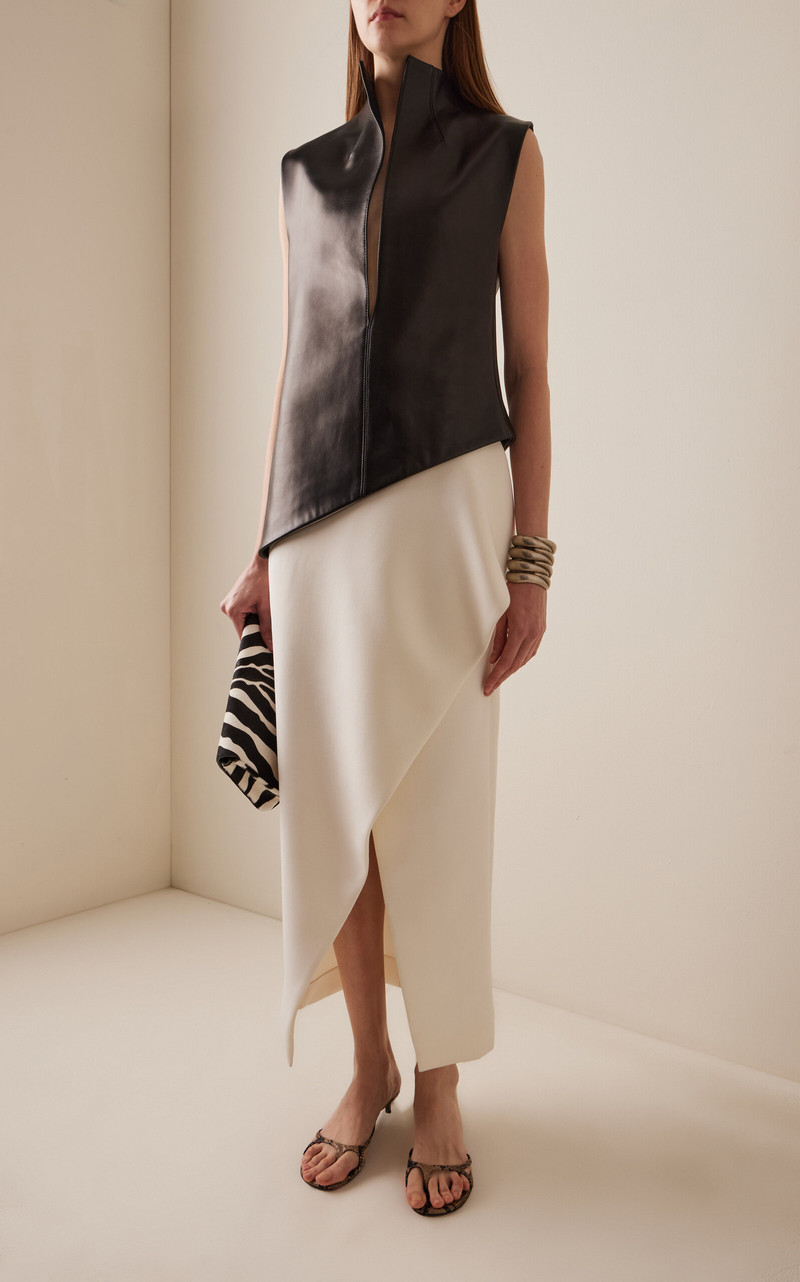 KHAITE Jaia Asymmetric Wool-Canvas Midi Skirt off-white outlook