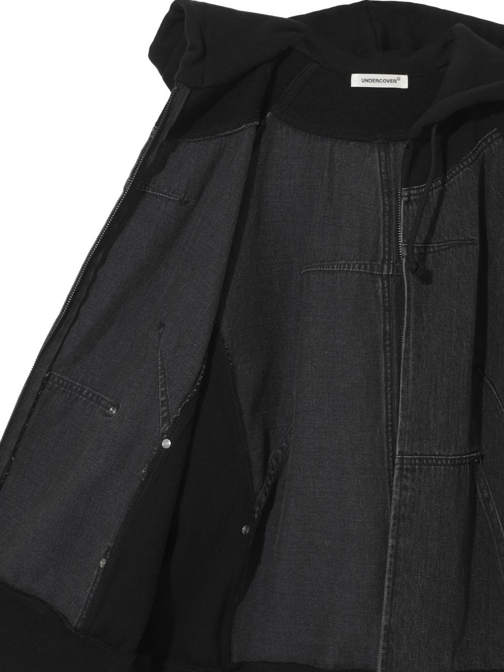 denim-panel zip-up hoodie - 5