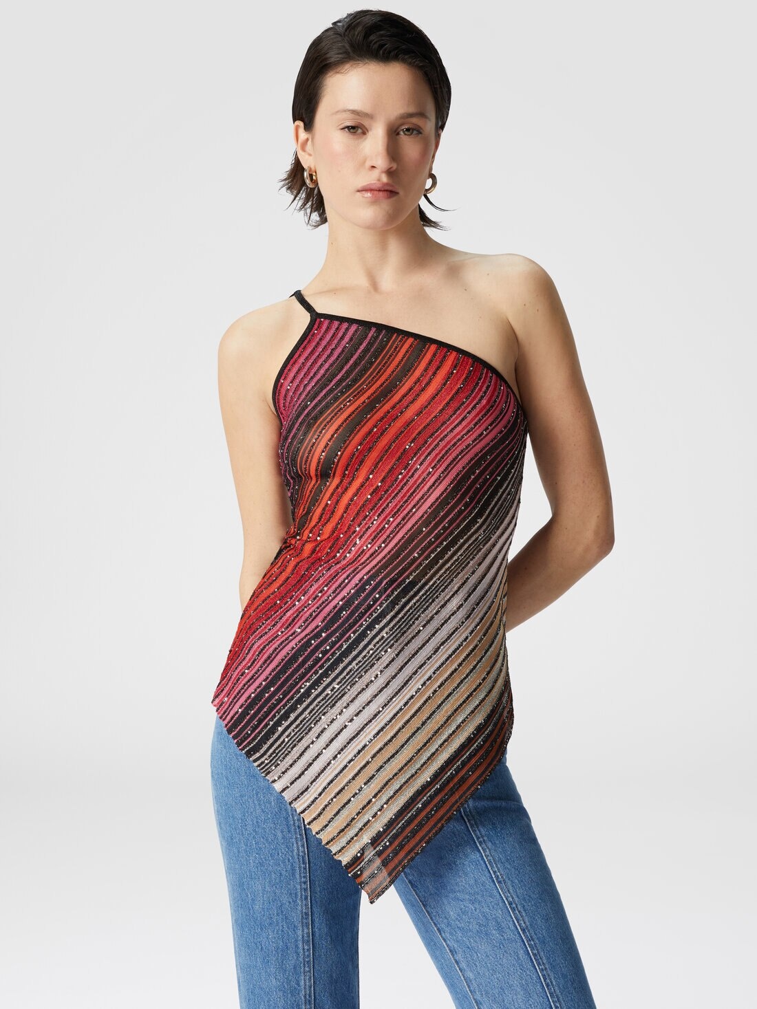 Asymmetrical one-shoulder partial striped top with sequins - 4