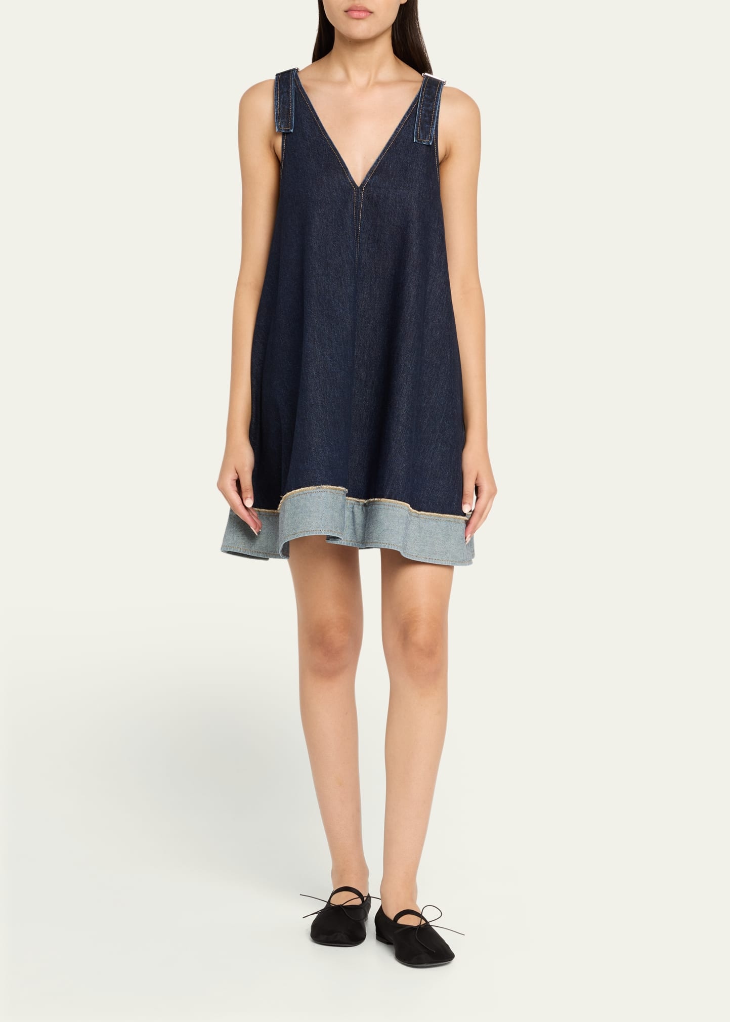 Trapeze Denim Contrast-Hem Mini Dress - 2