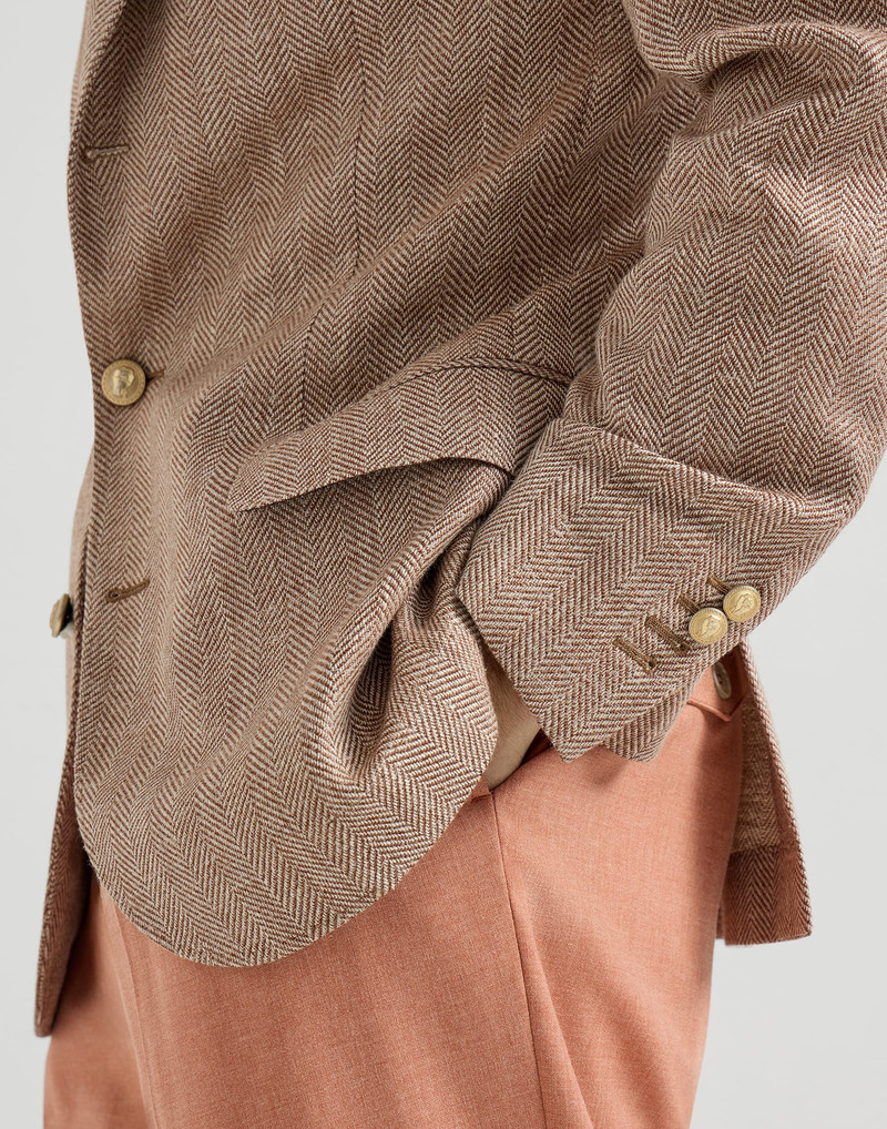 Virgin wool, silk and linen chevron deconstructed blazer with peak lapels and metal buttons 4
