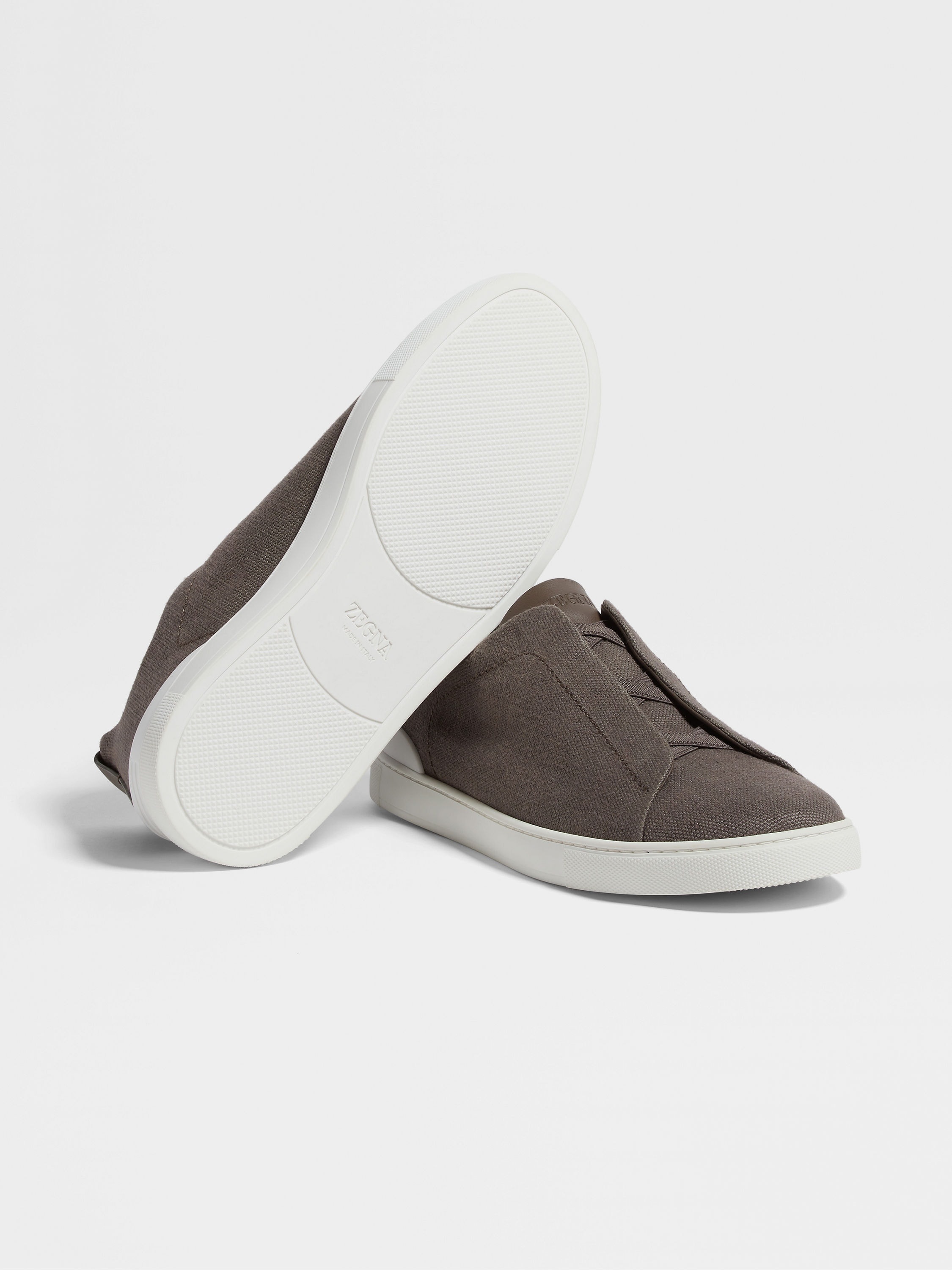 DARK TAUPE COTTON LINEN AND LEATHER TRIPLE STITCH™ SNEAKERS - 5