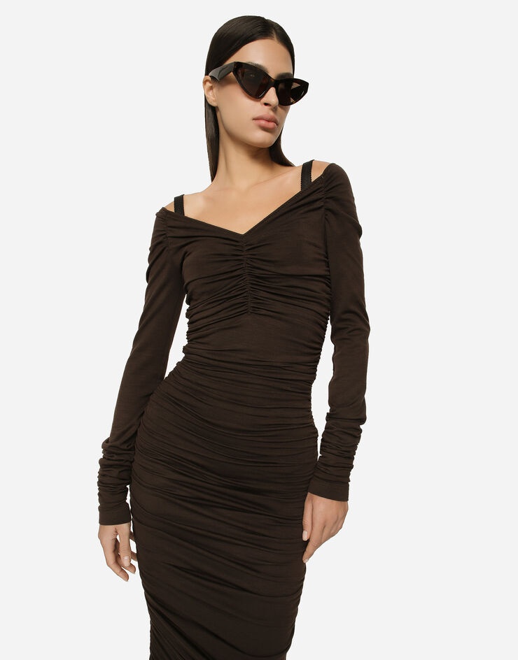 V-neck calf-length dress in wool jersey - 4