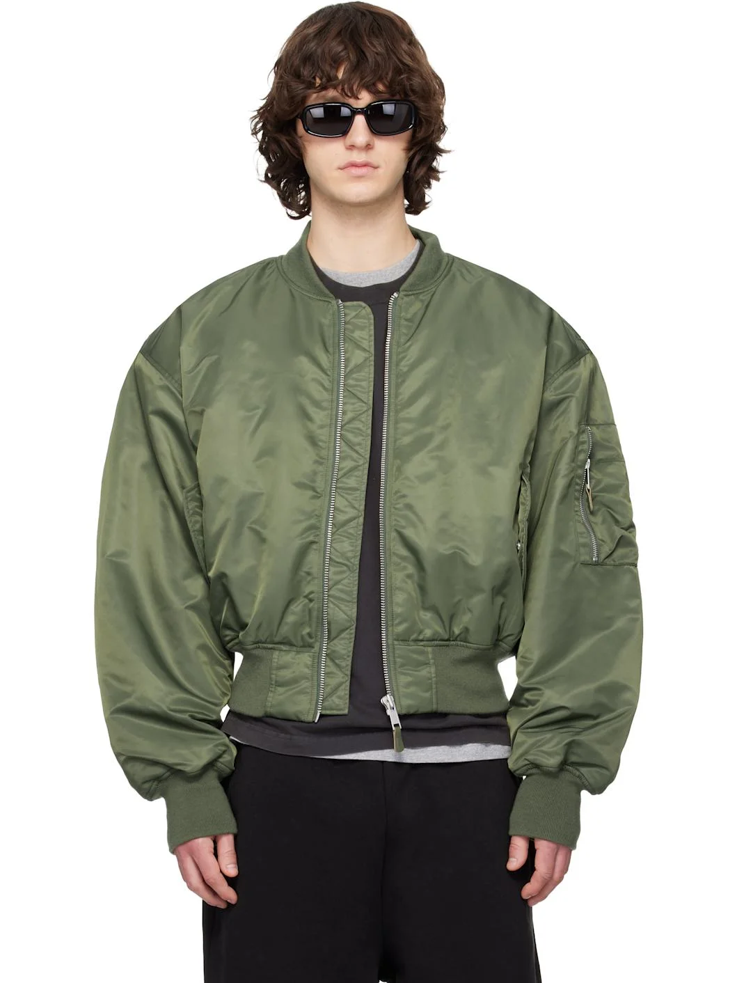 Khaki Cropped Broad Bomber Jacket - 1