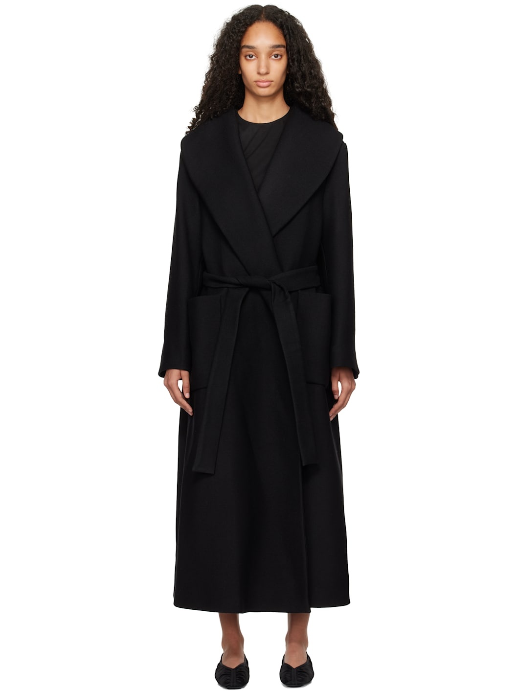 Black Shawl Collar Wrap Coat - 1
