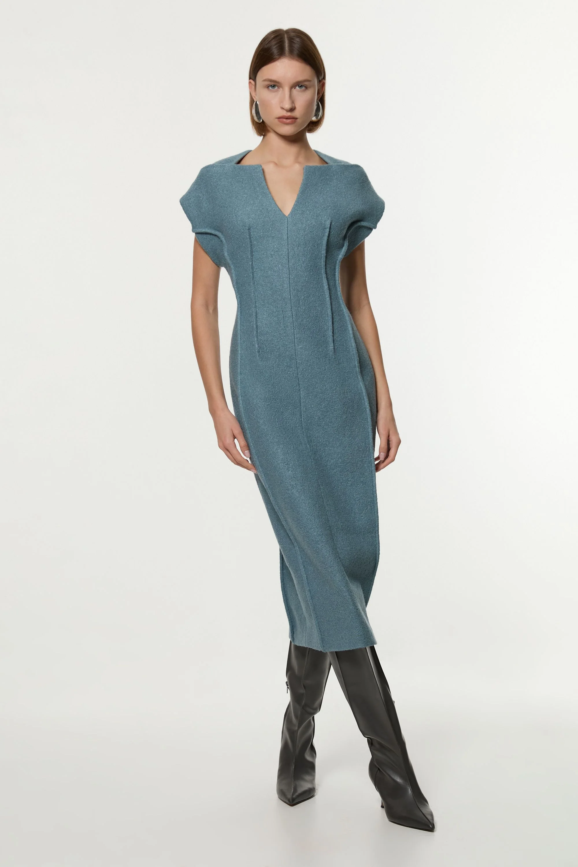 Textured Wool Blend Darted Tailored Midi Dress - 1