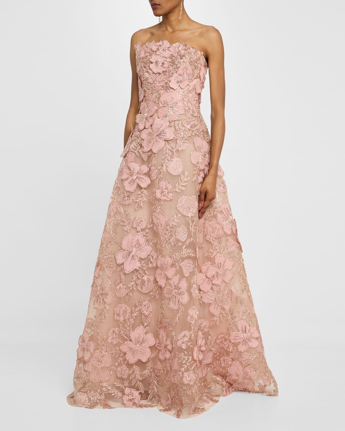 Strapless Metallic Floral Embroidered Tulle A-Line Gown - 4