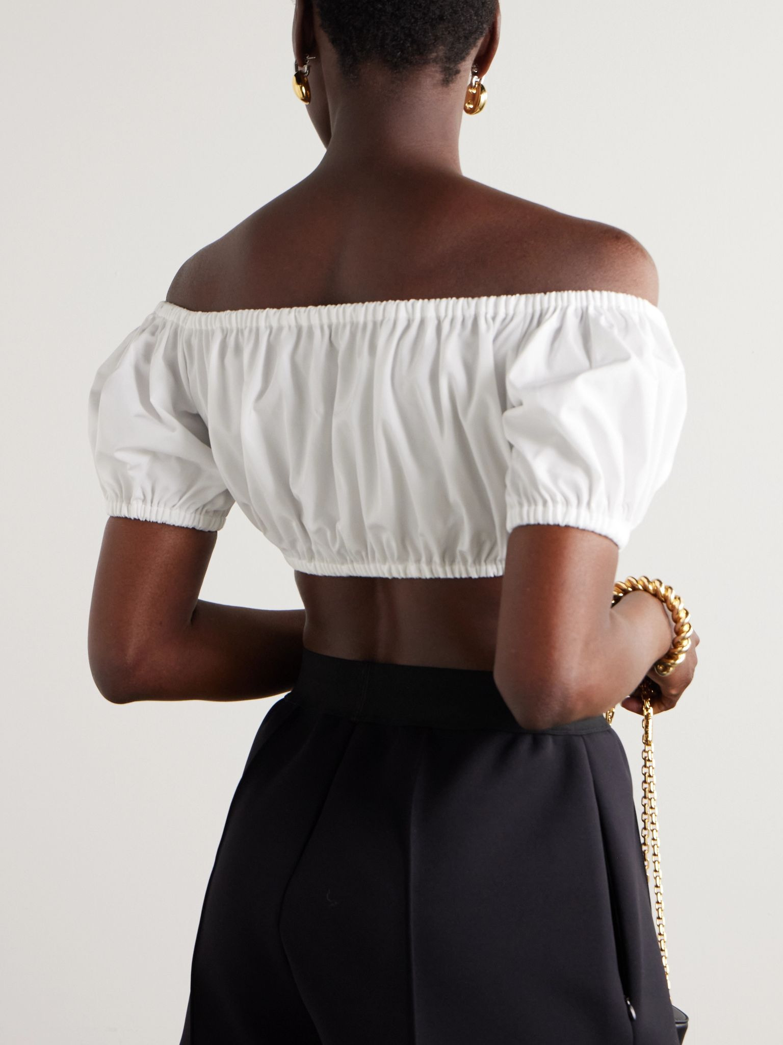 Off-the-shoulder cropped gathered cotton-poplin top White - 3