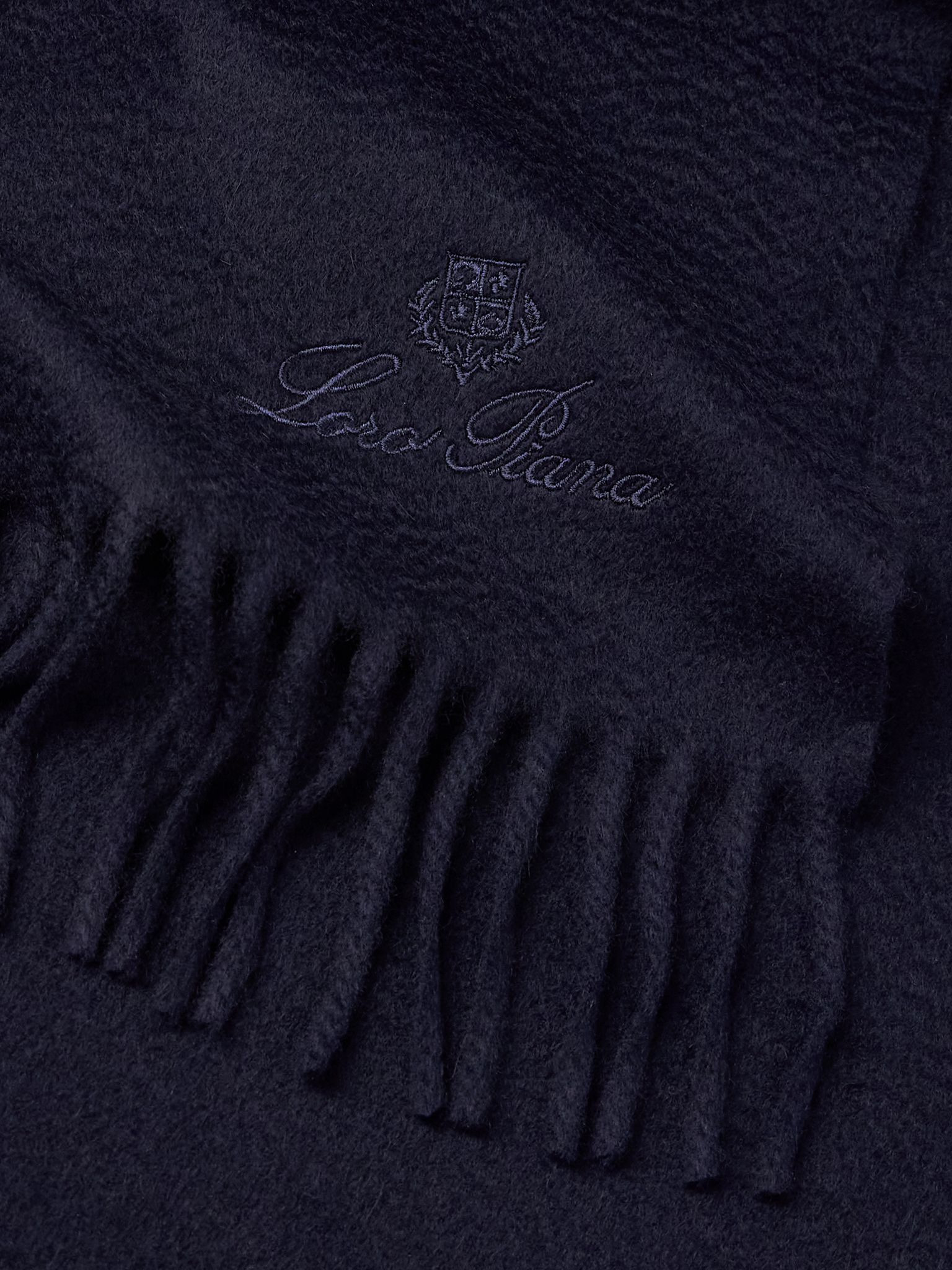 Logo-Embroidered Fringed Cashmere Scarf Blue - 3